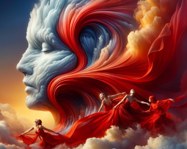 Giant Cloud Face with Dancing Figures in Dramatic Sky