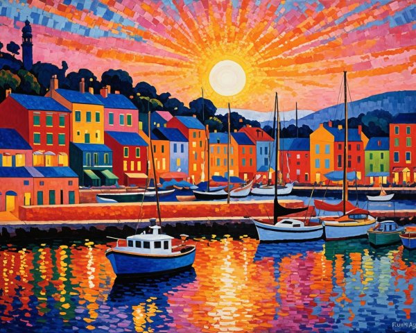 Vibrant Harbor Sunset with Colorful Houses and Sailboats