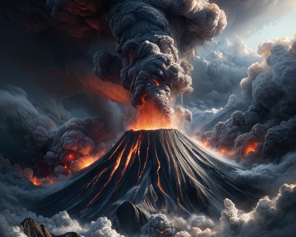 Dramatic Volcanic Eruption with Lava and Clouds