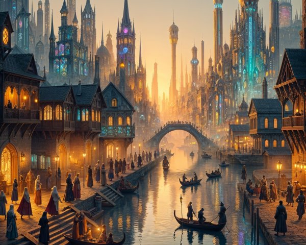 Cityscape at Dusk with Medieval and Futuristic Elements