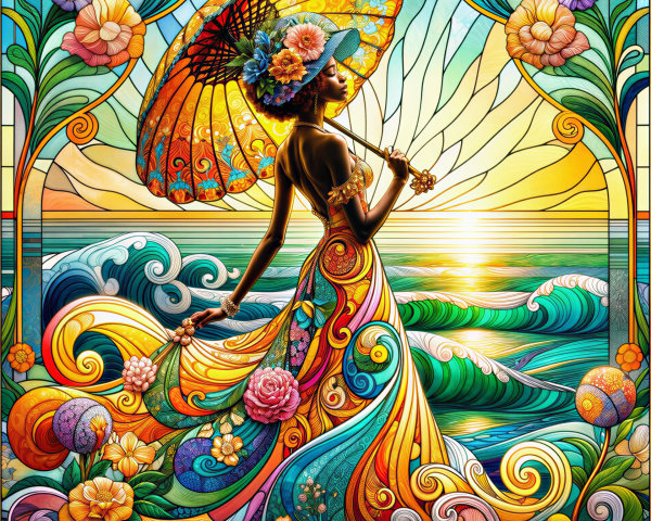 Vibrant Stained-Glass Scene of a Woman with Parasol