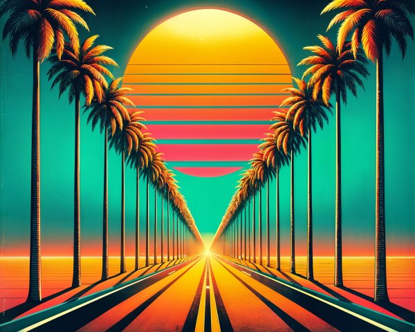 Vibrant Retro Landscape with Palm Trees and Sunset