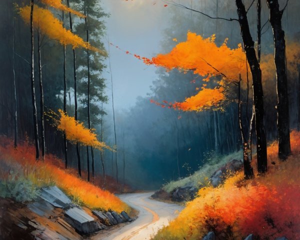Autumn Forest Path with Vibrant Colors and Mist