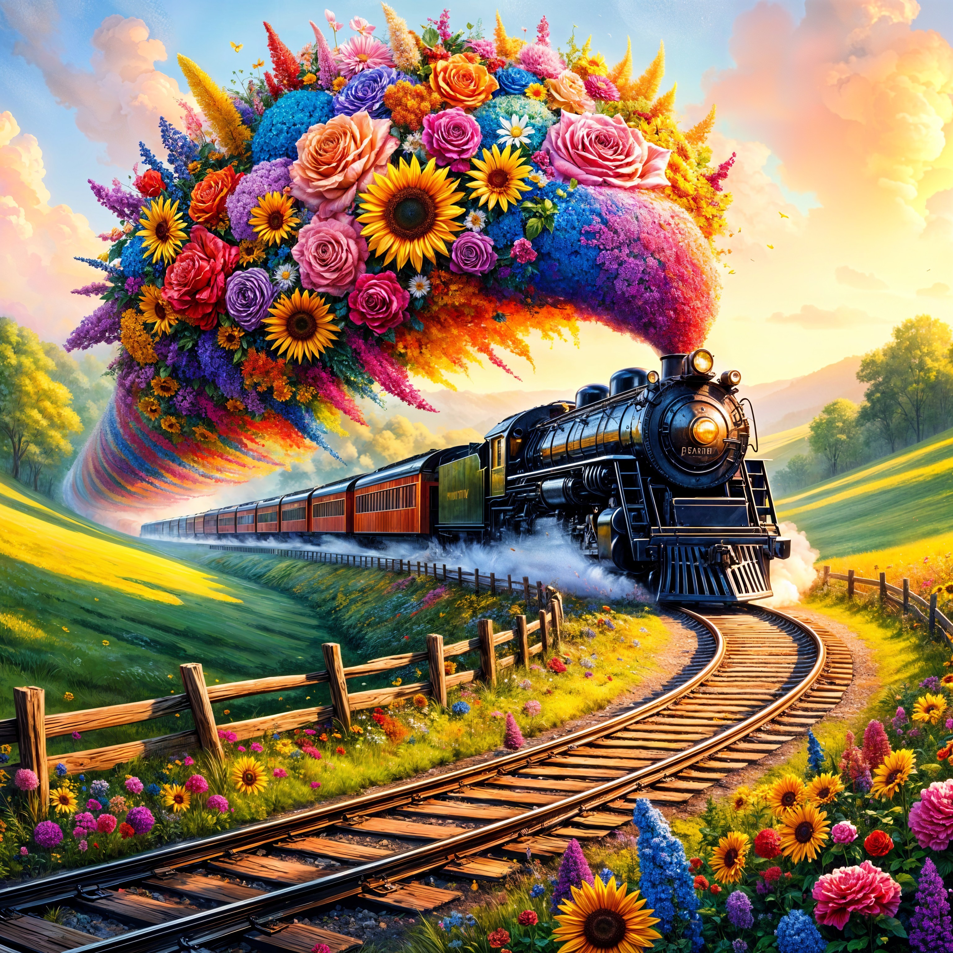 Vibrant landscape with steam locomotive and colorful flowers