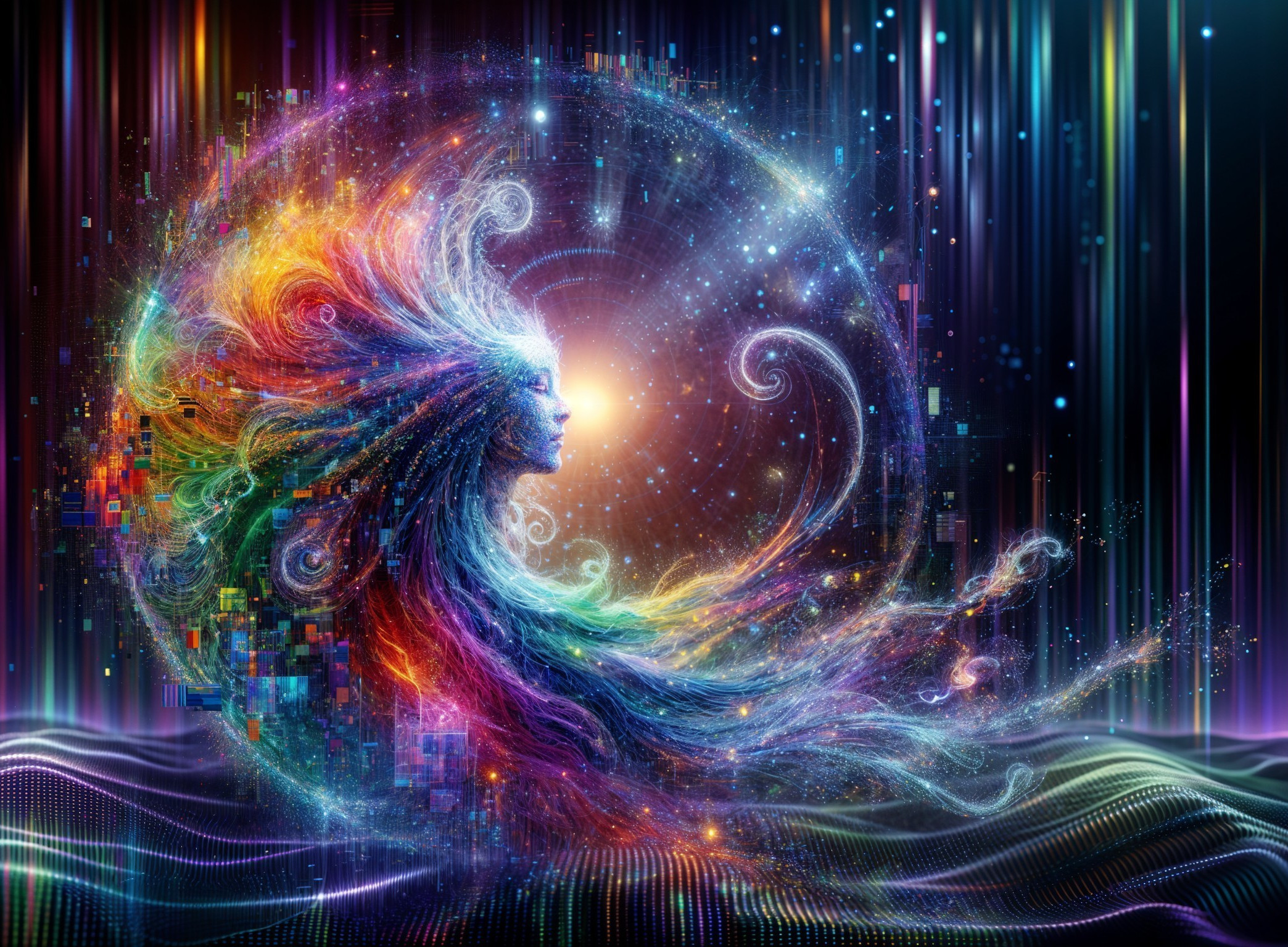 Vibrant Cosmic Figure with Colorful Hair and Stars