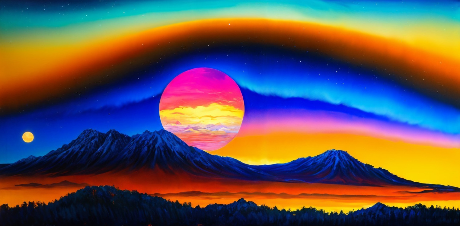 Majestic Mountains and Colorful Moon in Vibrant Landscape