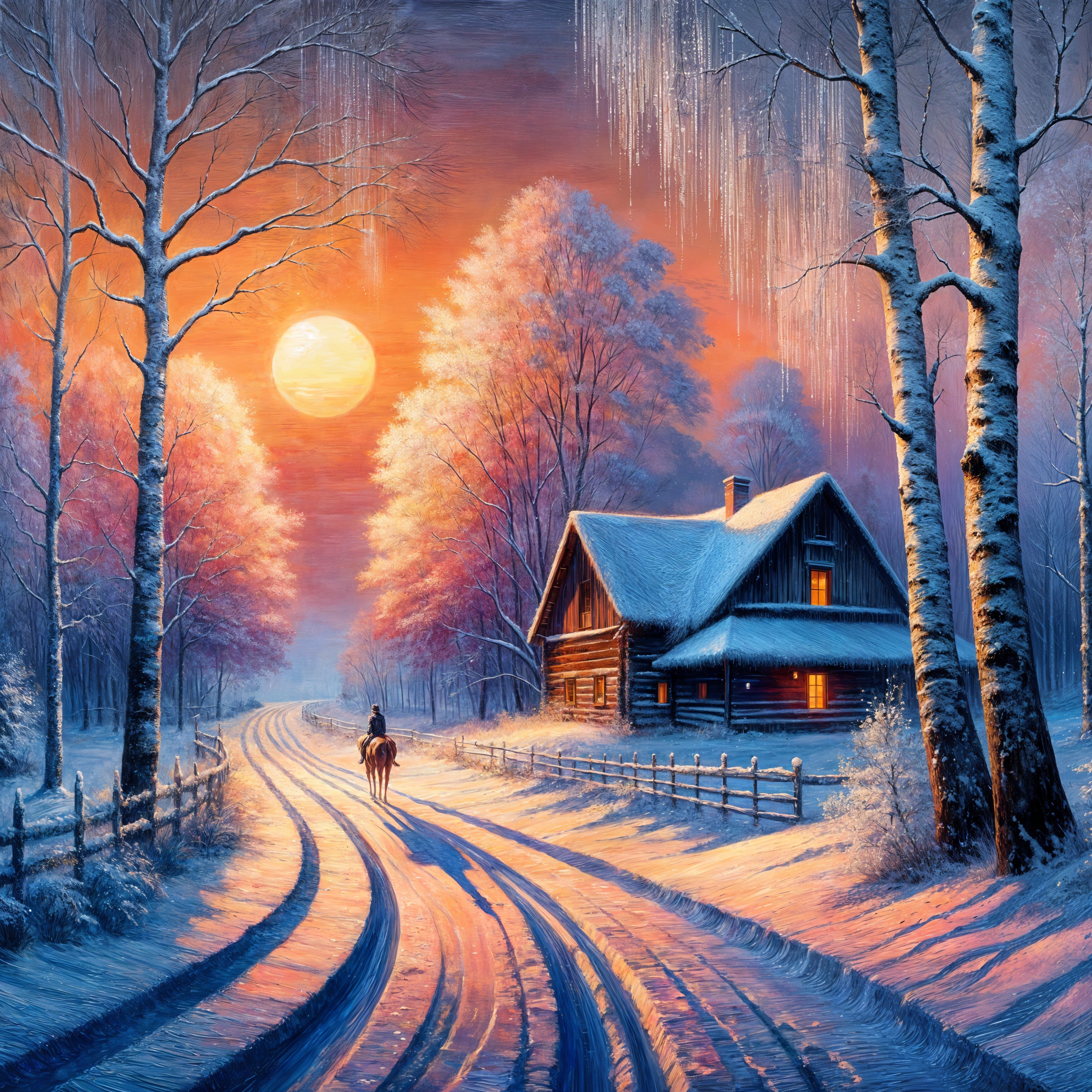Cozy Cabin in Serene Winter Landscape with Moonlight