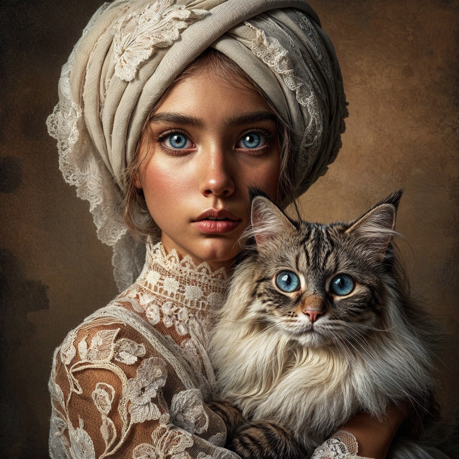 Young girl in lace dress with cat and headscarf