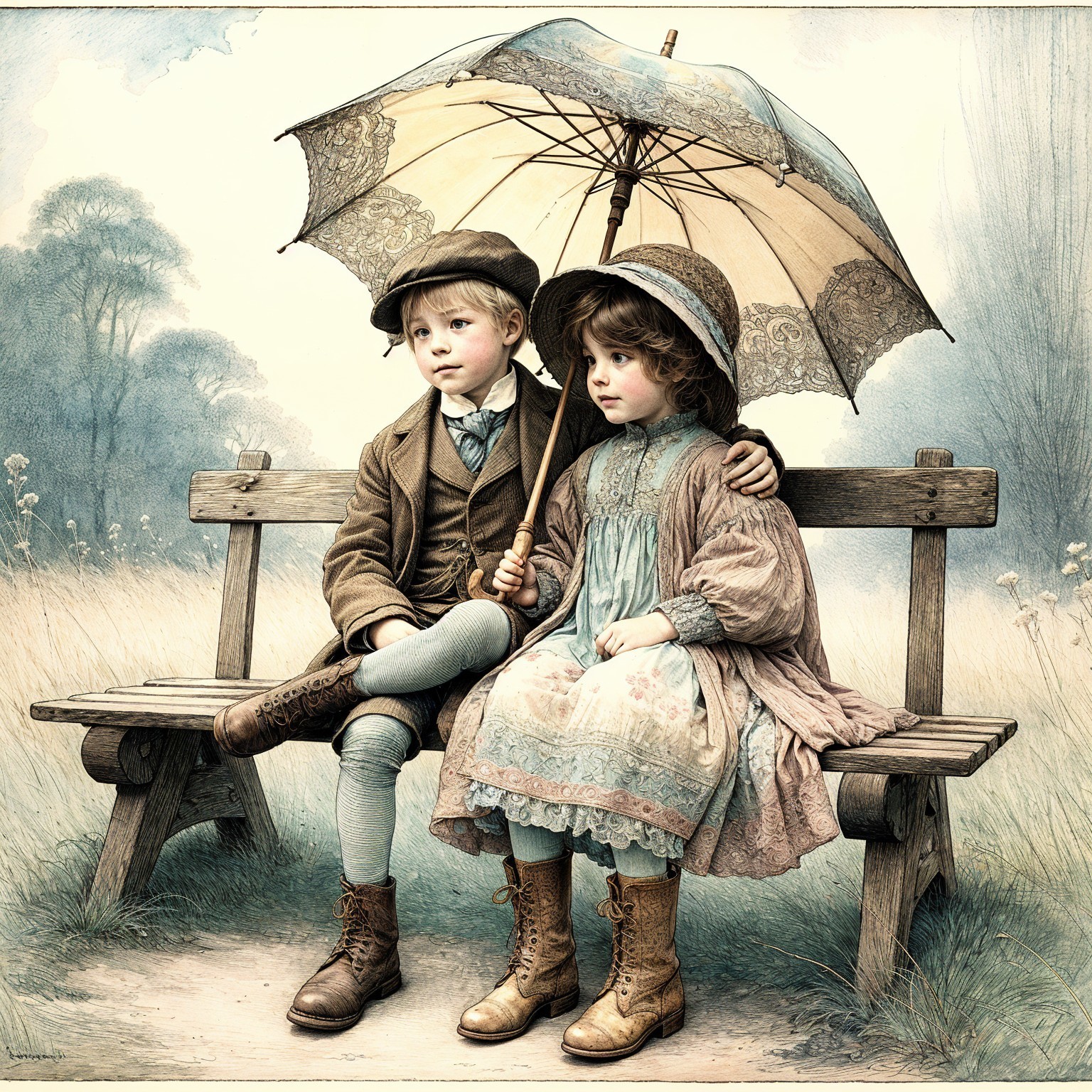 Children Sharing a Vintage Umbrella in Nature