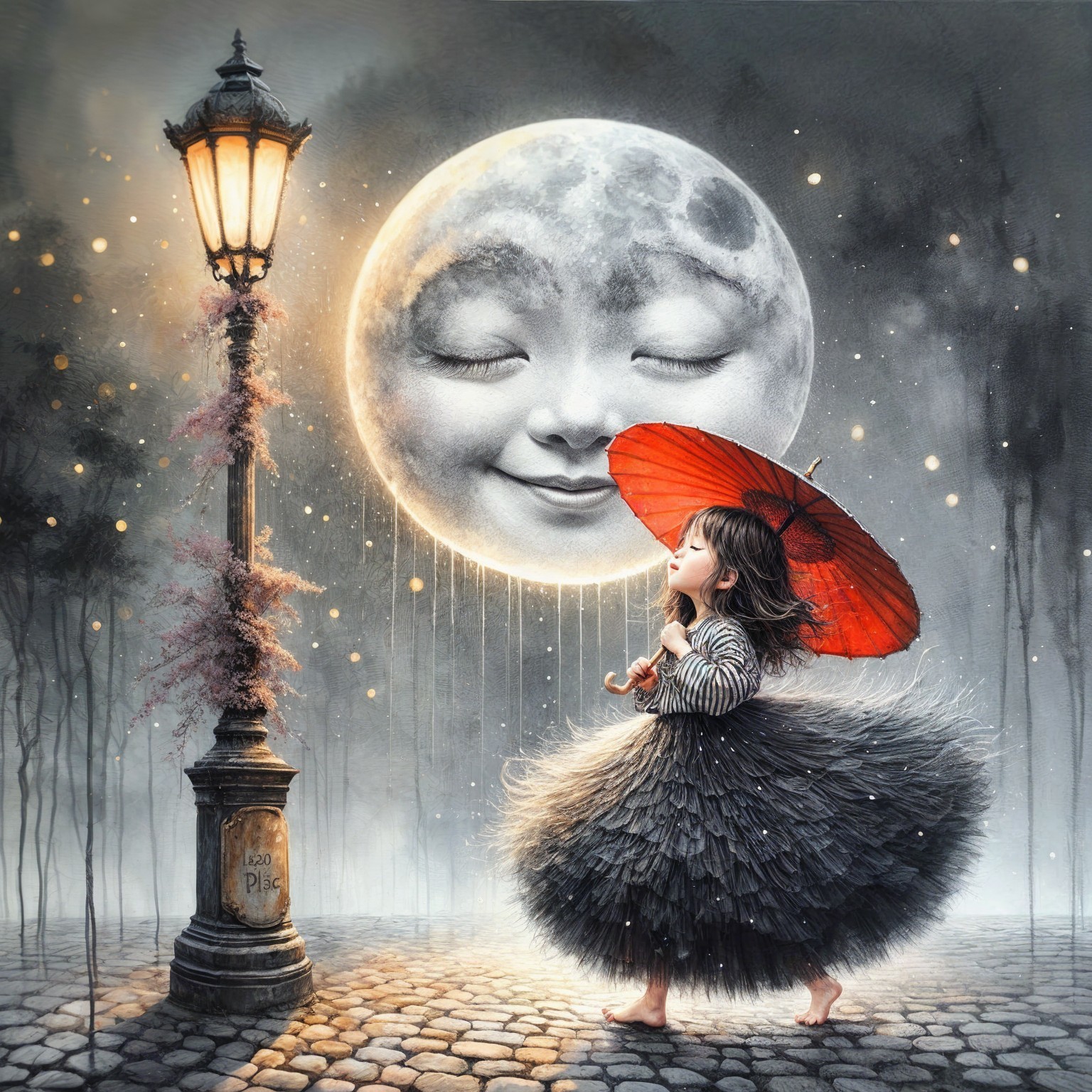 Dreamy Landscape with Girl and Glowing Streetlamp