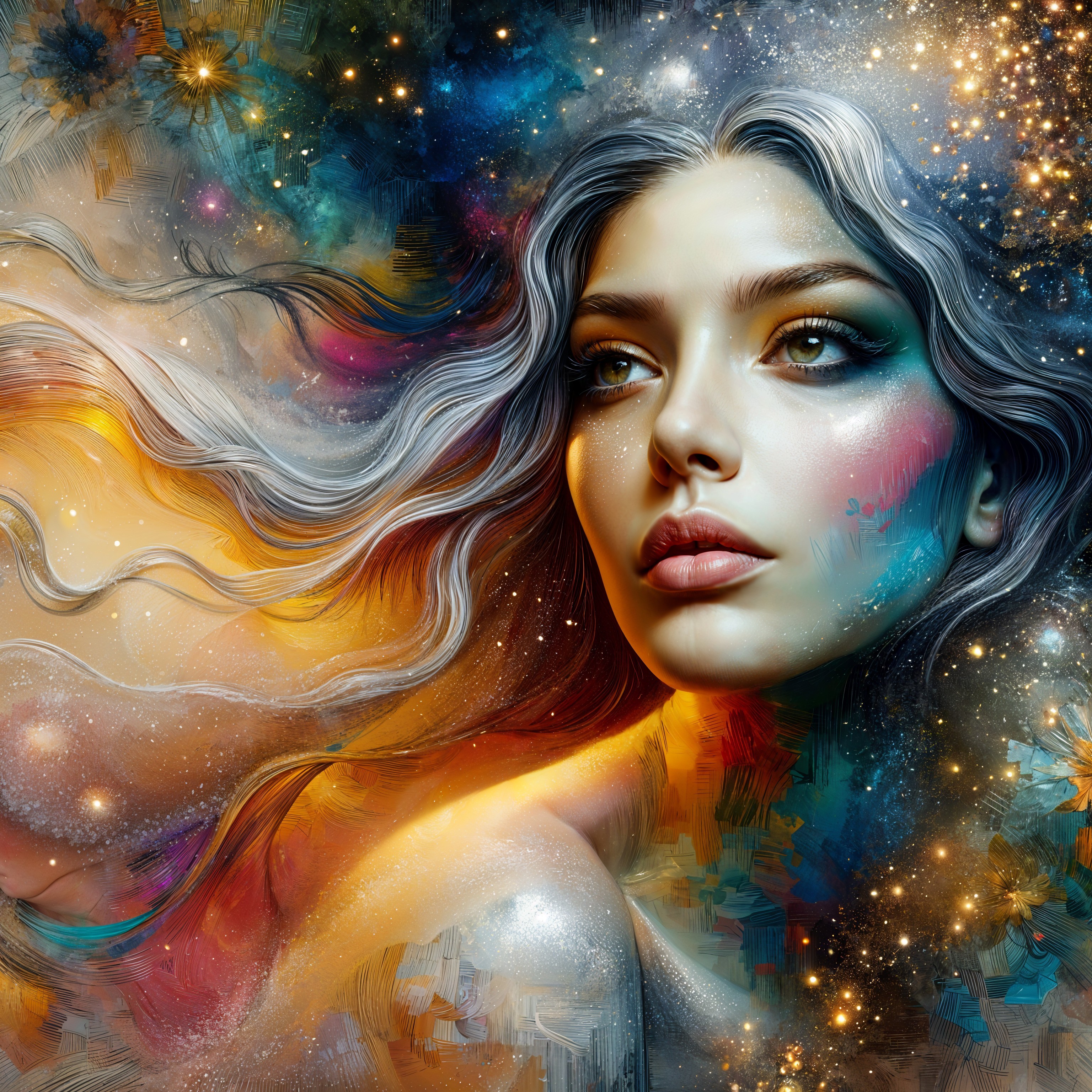 Woman with Silver Hair in Cosmic Background