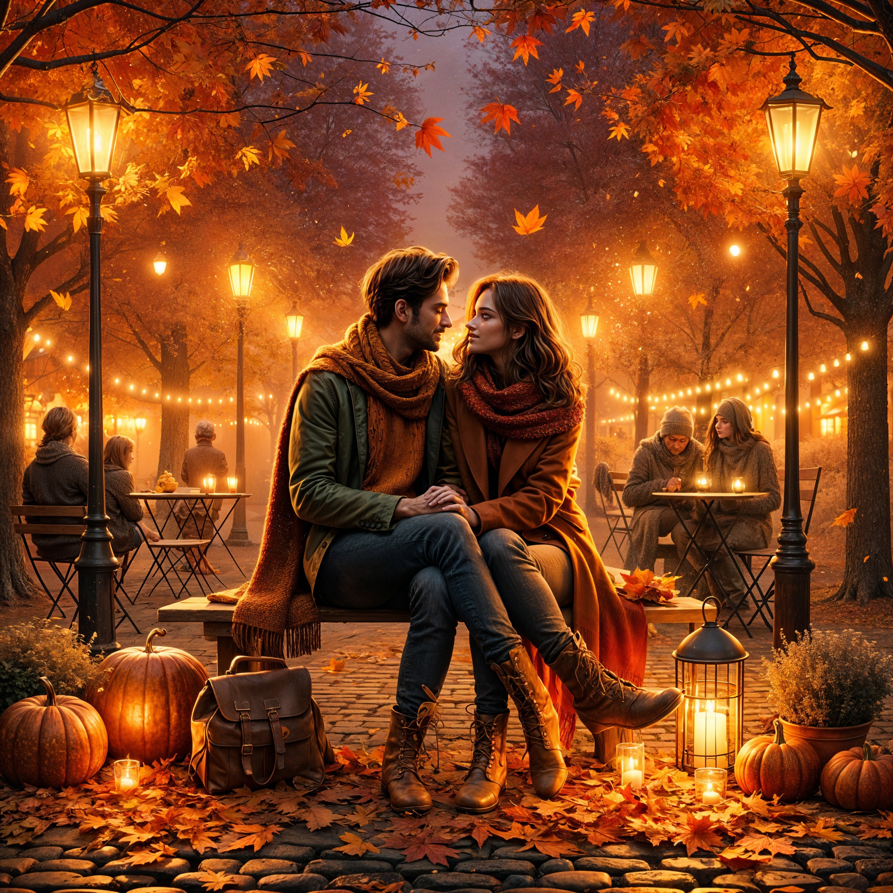 Cozy Autumn Scene with Couple in Vibrant Foliage