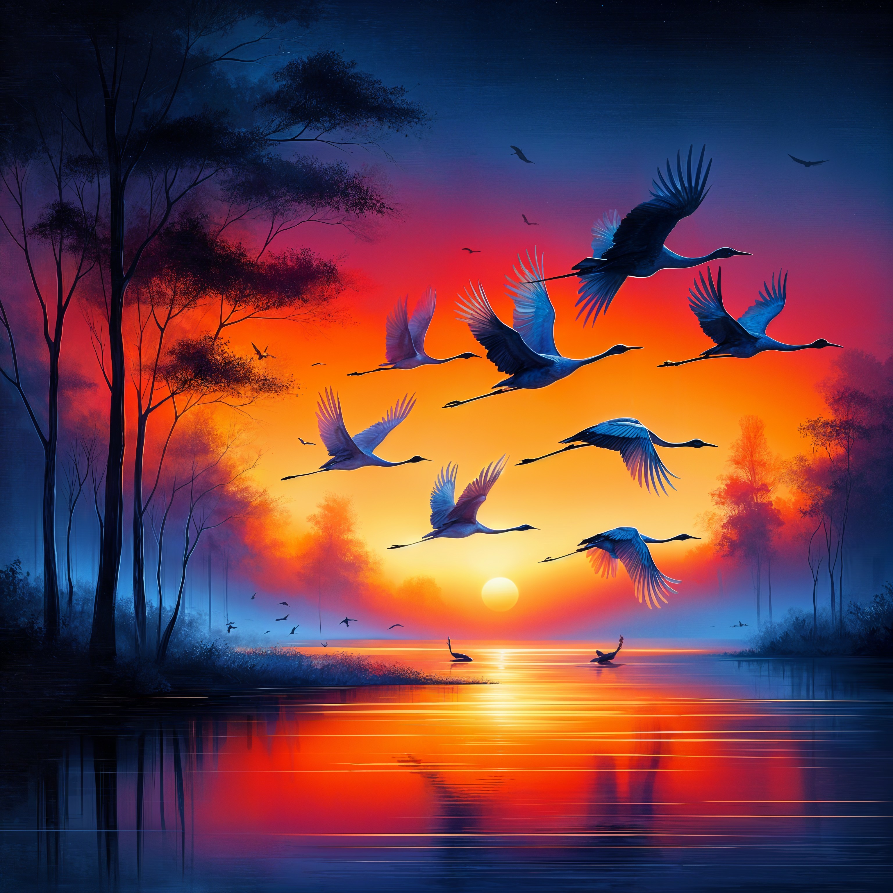 Vibrant Sunset Over Water with Silhouetted Trees and Cranes