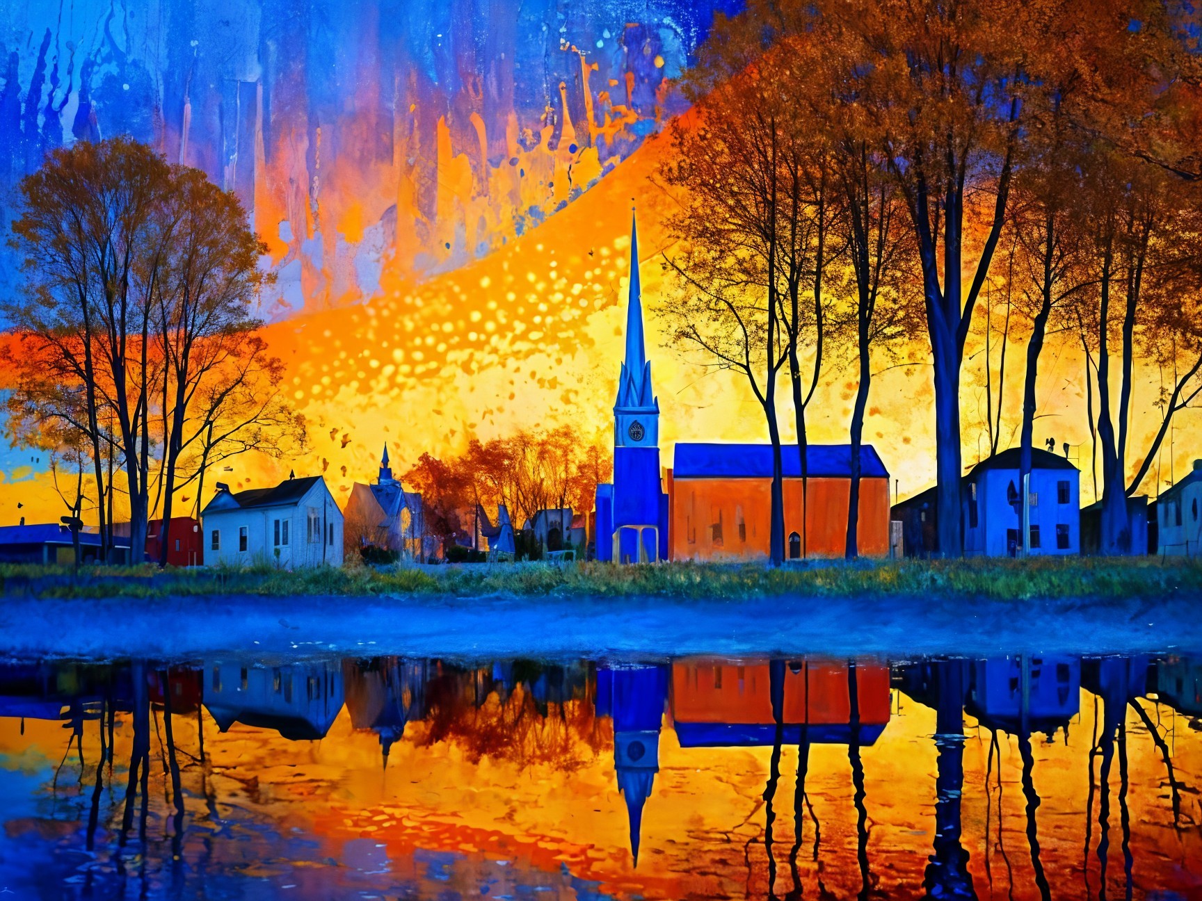 Vibrant Sunset Over Tranquil Lake and Village Houses