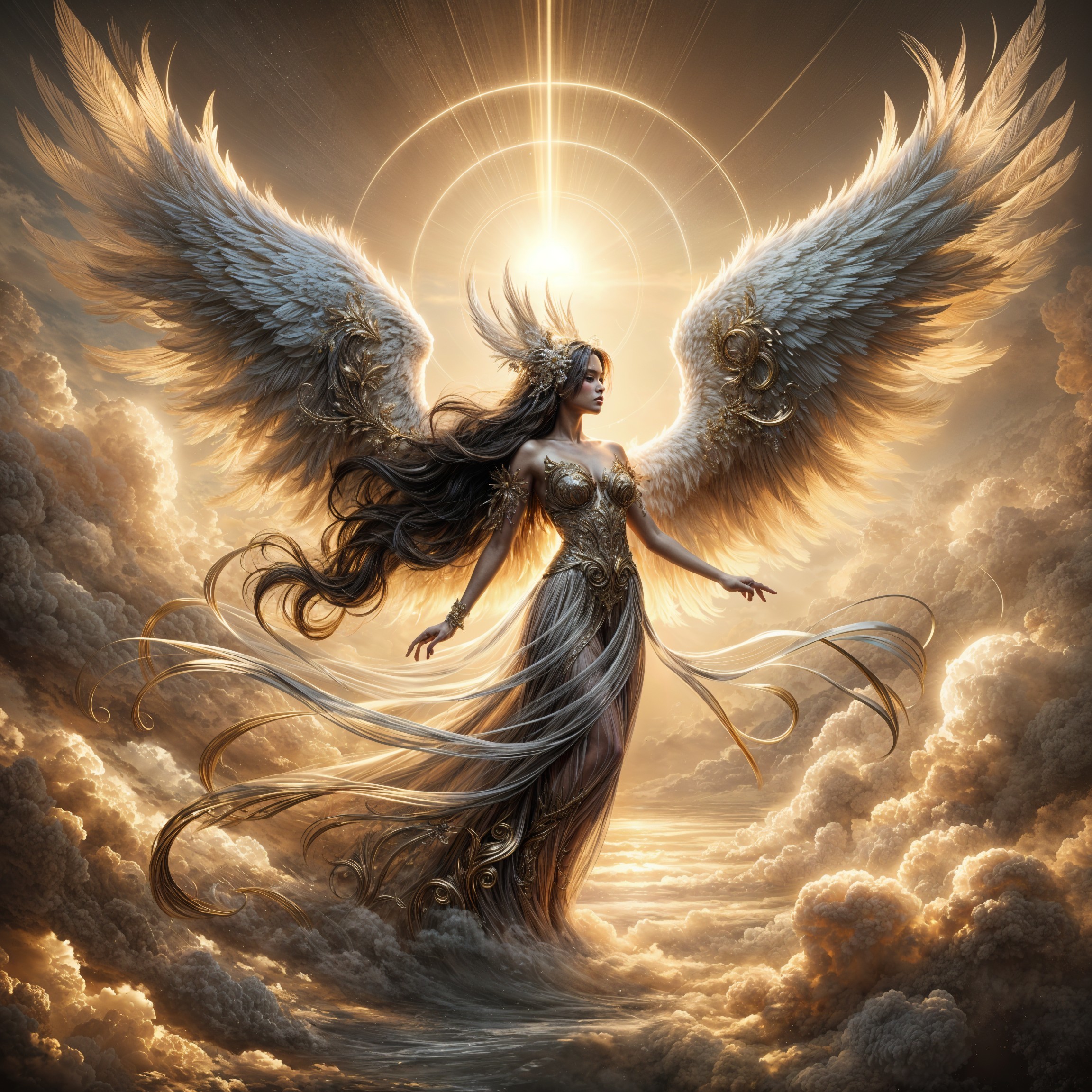 Majestic figure in golden armor with ethereal wings