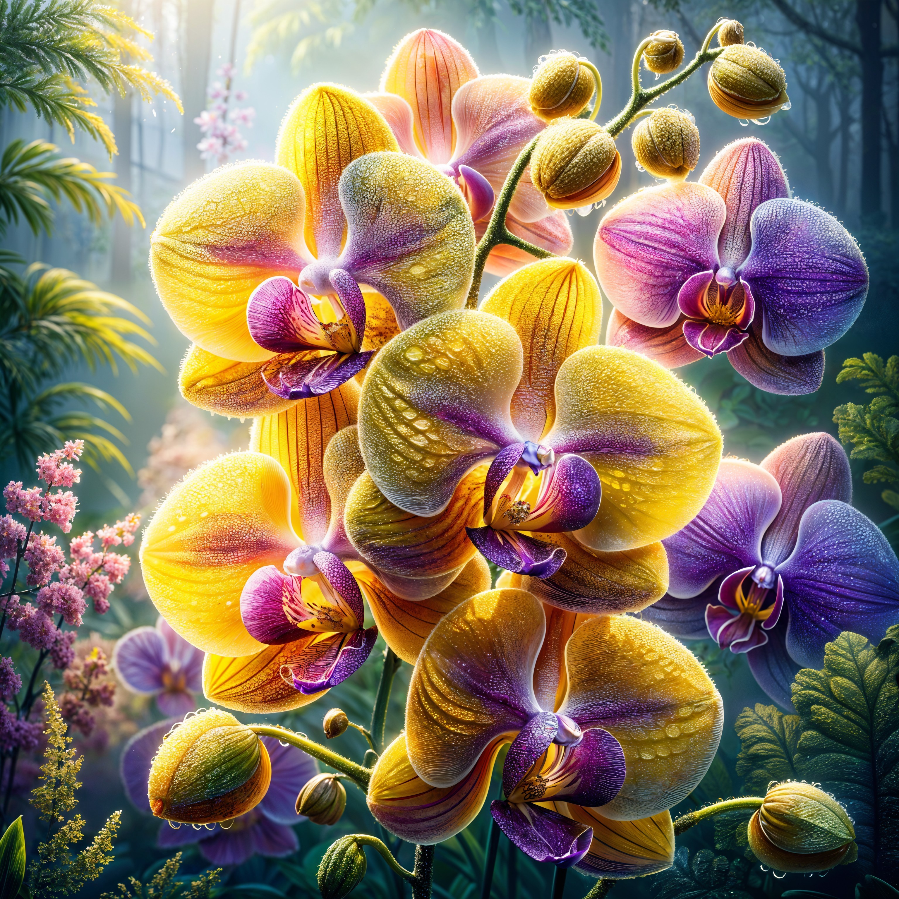 Vibrant Orchids in a Misty Enchanting Forest