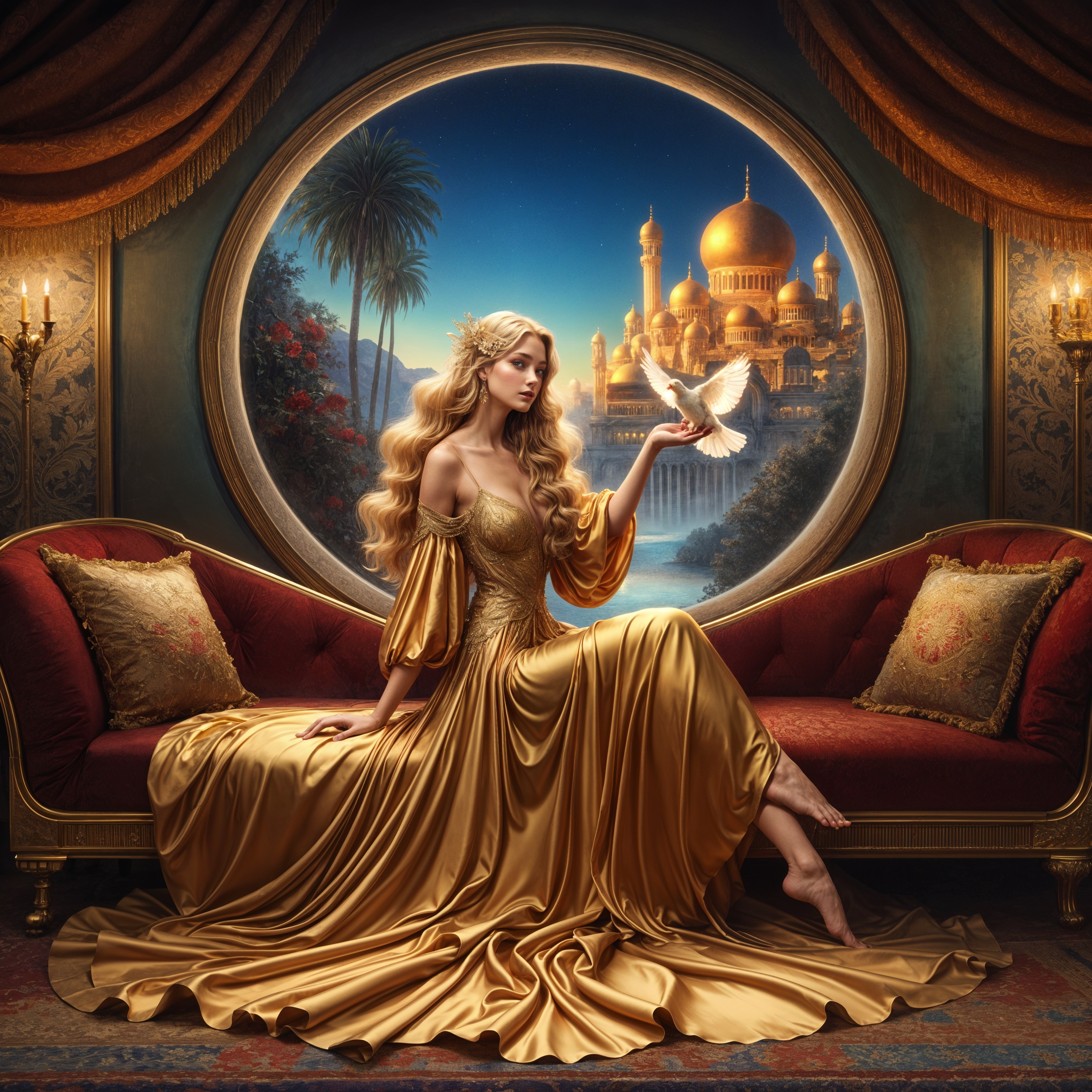 Serene Woman in Golden Gown with White Dove on Sofa