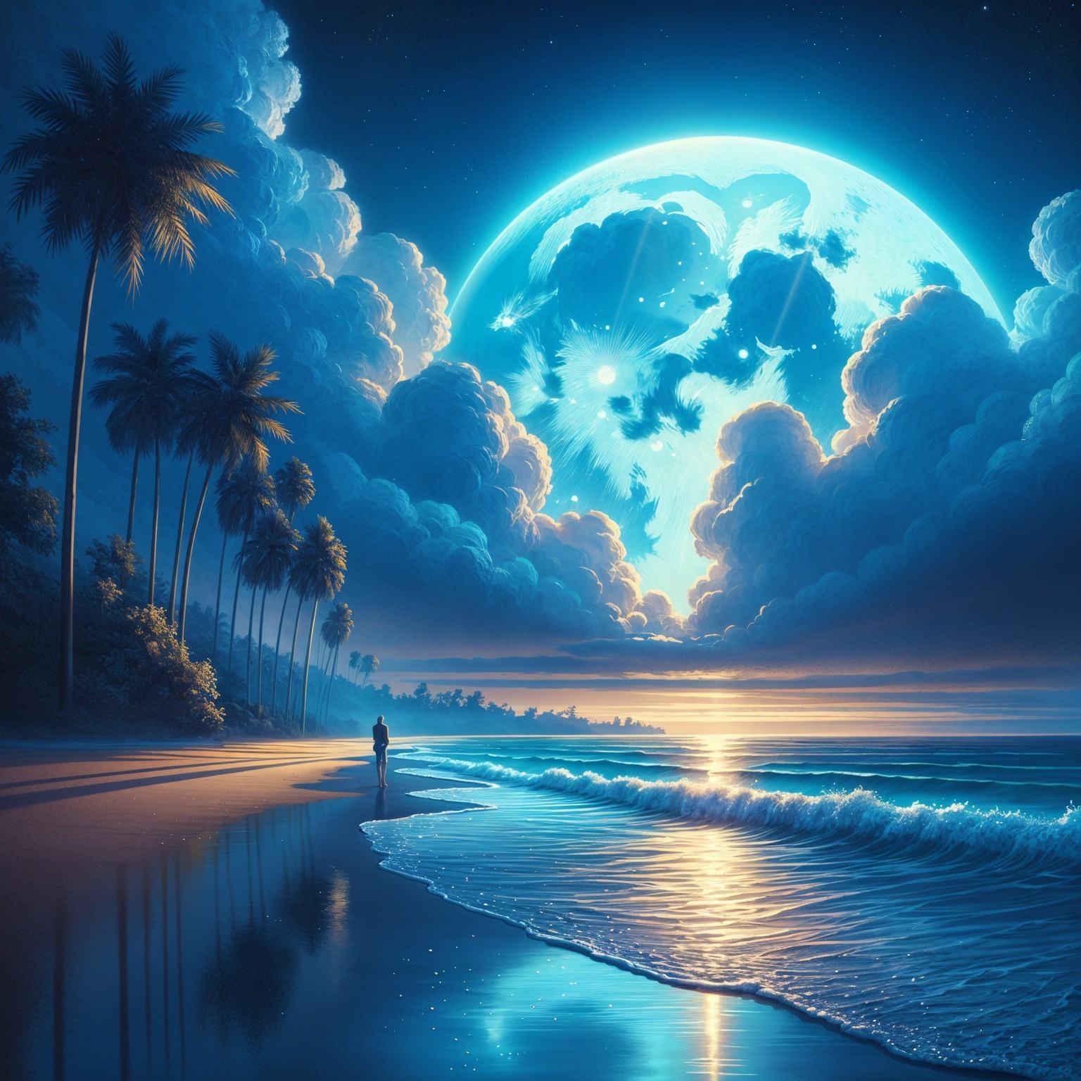 Moonlit Beach Scene with Silhouetted Figure and Palms