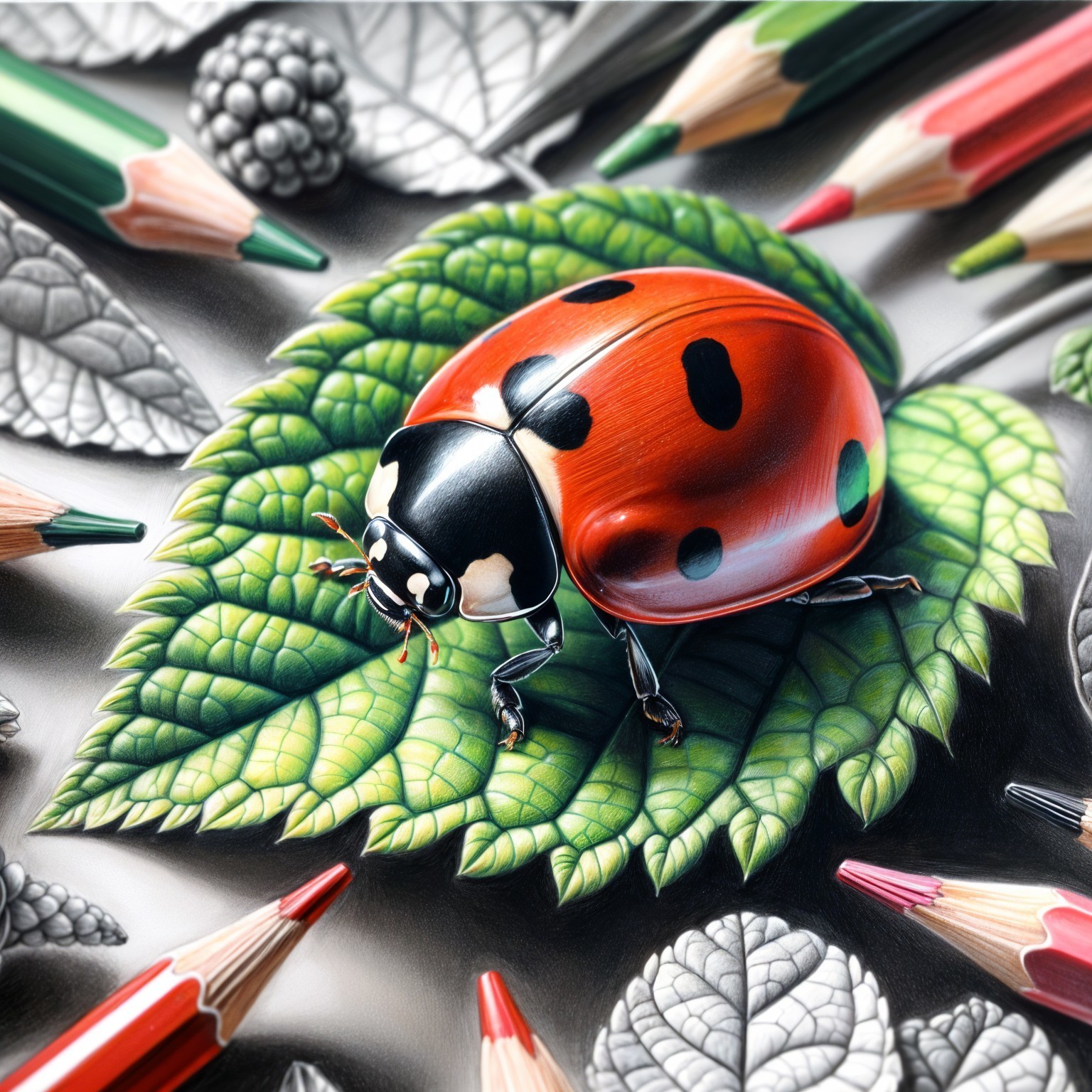 Vibrant Red Ladybug on Green Leaf with Artistic Elements