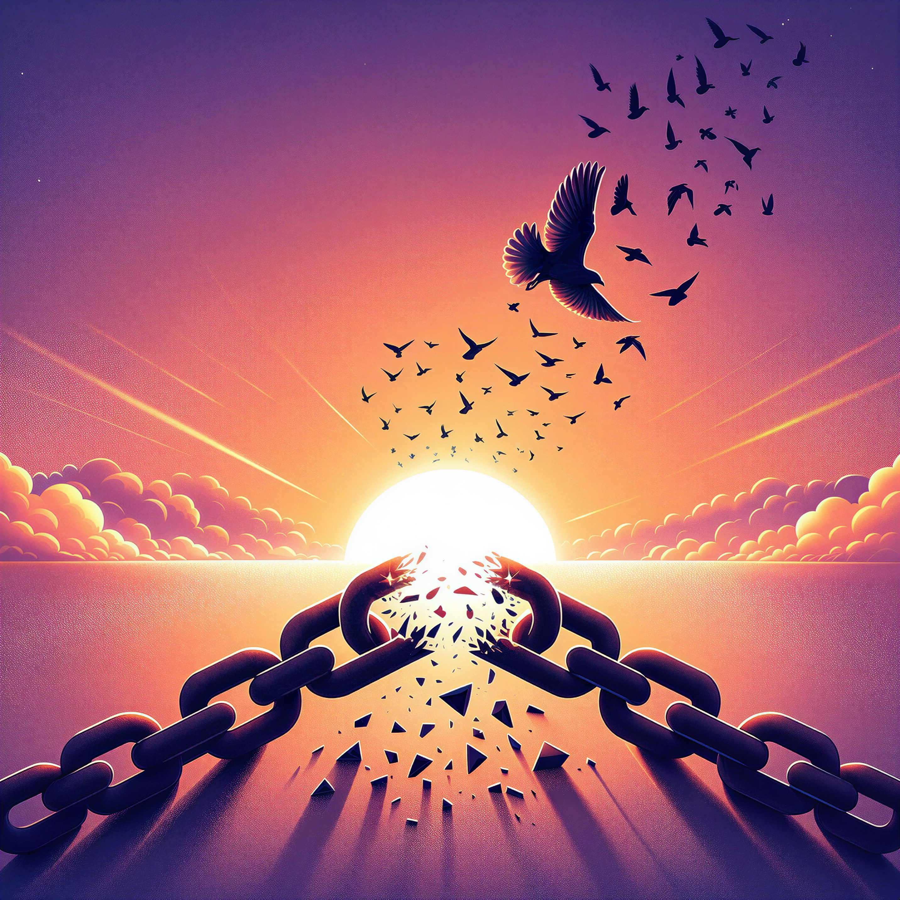 Dramatic Sunset with Breaking Chain and Soaring Birds
