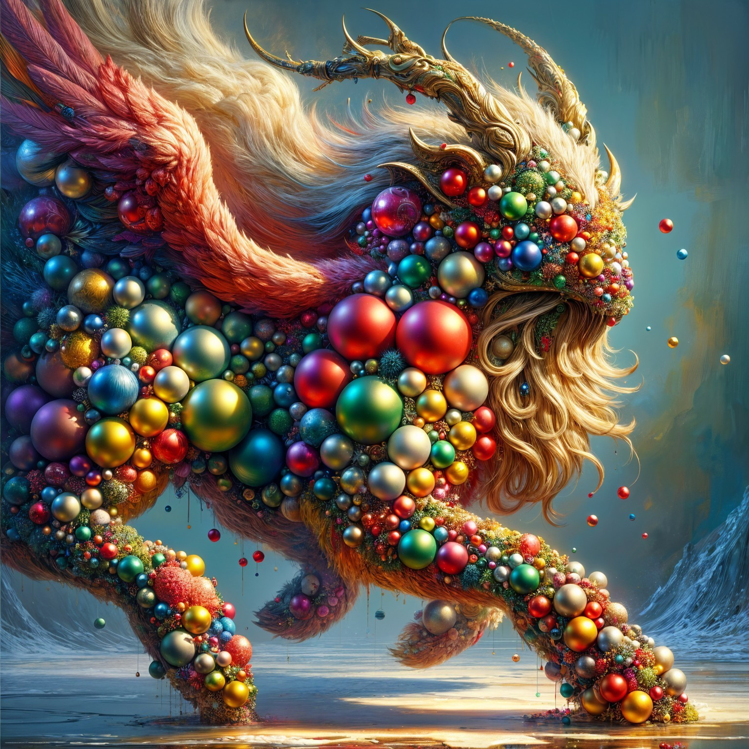 Majestic Lion-like Creature with Colorful Orbs