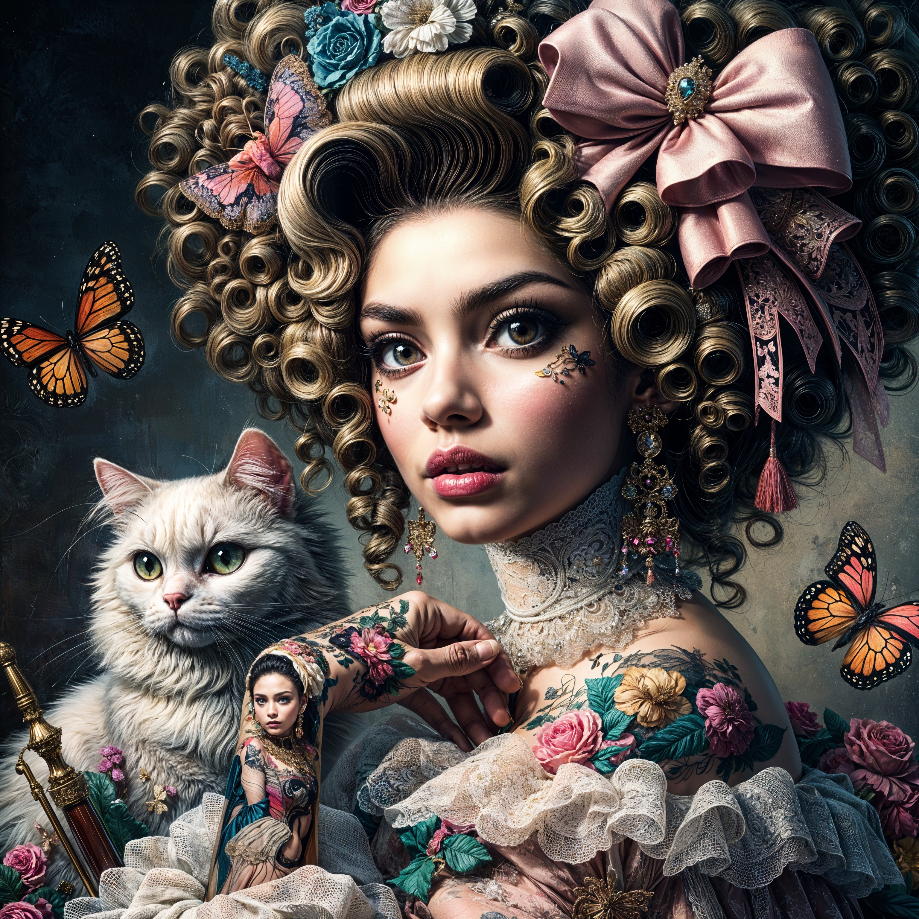 Glamorous Woman Portrait with Cat and Floral Tattoos