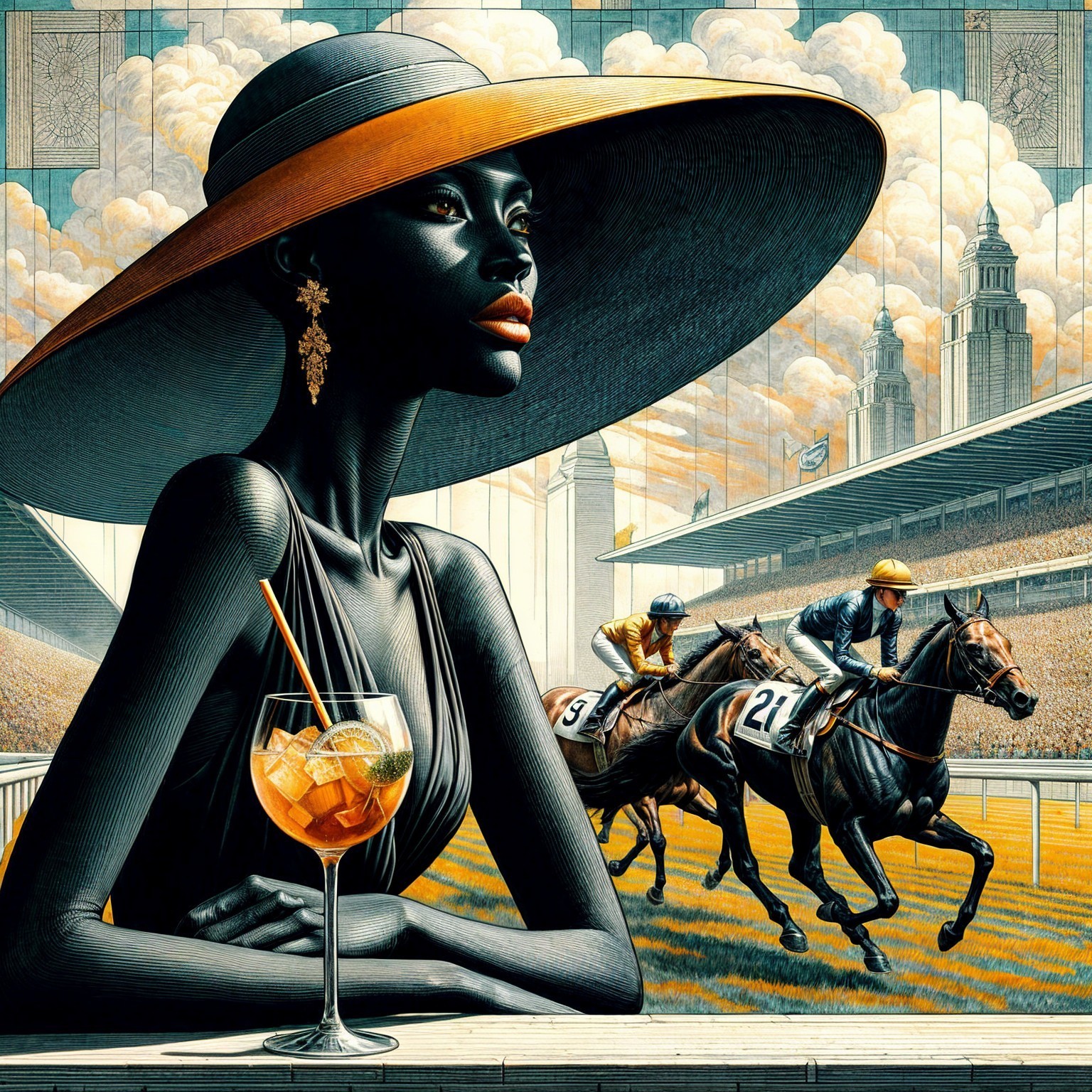 Glamorous Woman at Racetrack with Jockeys and Cocktail