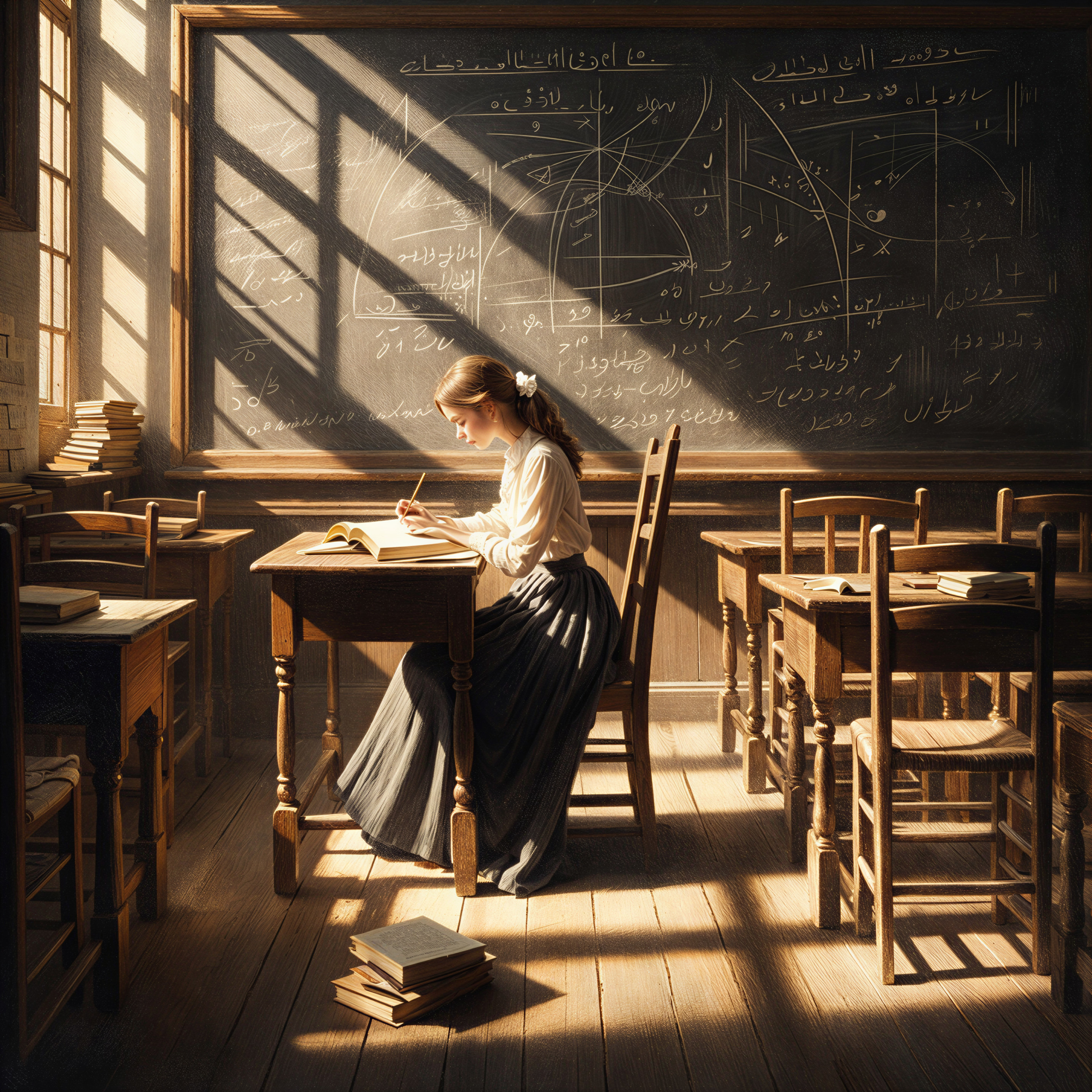 Sunlit Classroom with a Focused Young Student