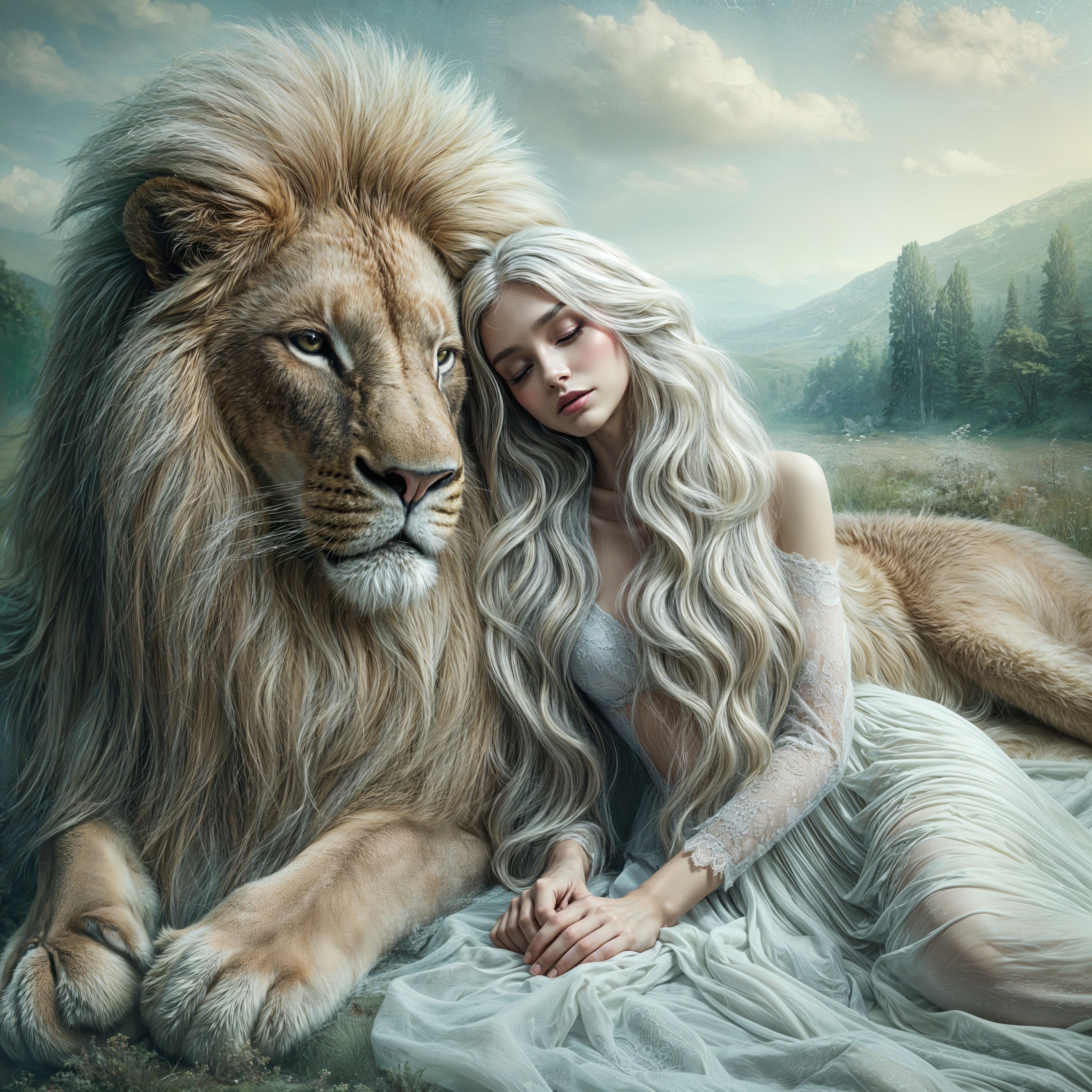 Young Woman and Lion in Serene Landscape Harmony