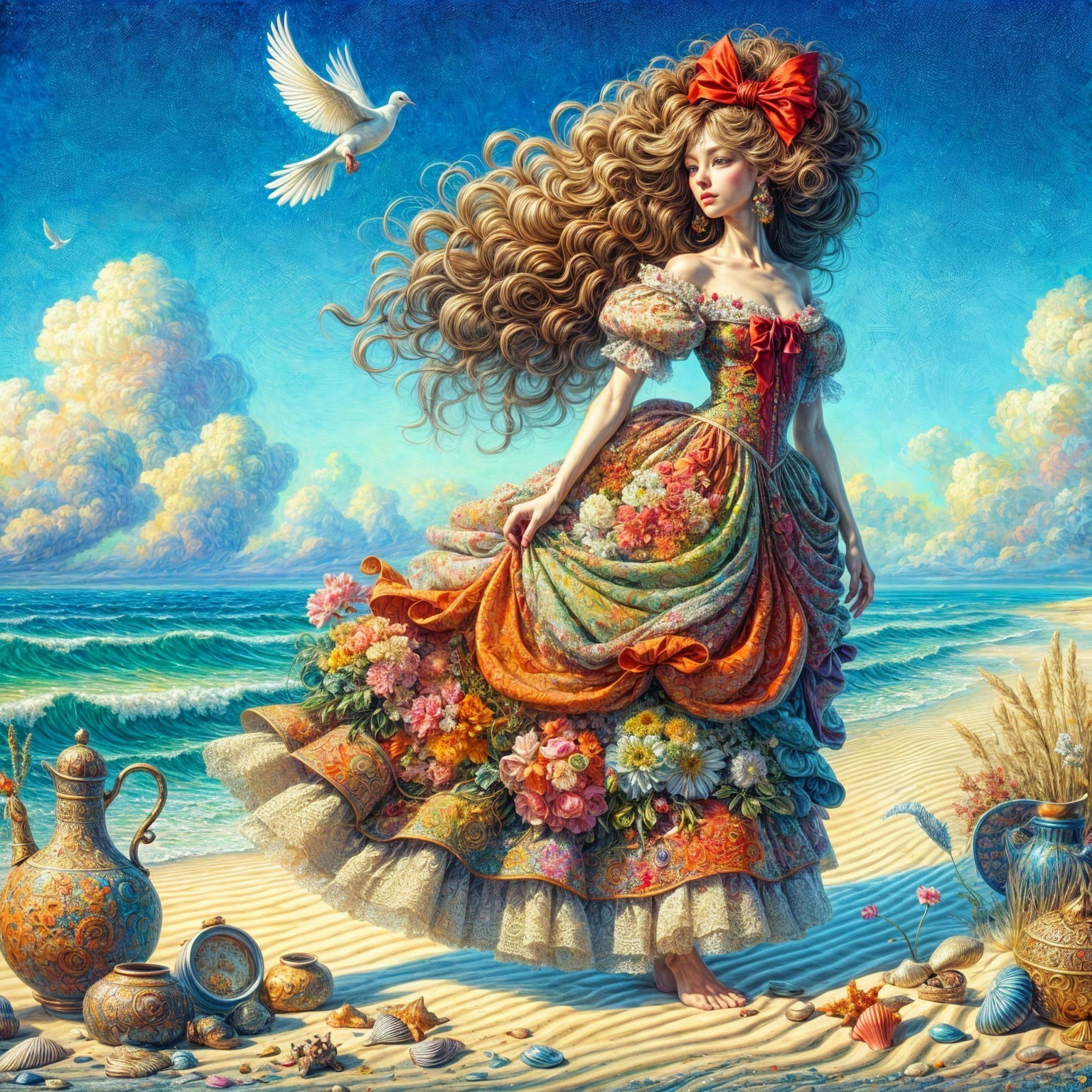 Woman in Flower-Patterned Gown on Sandy Beach