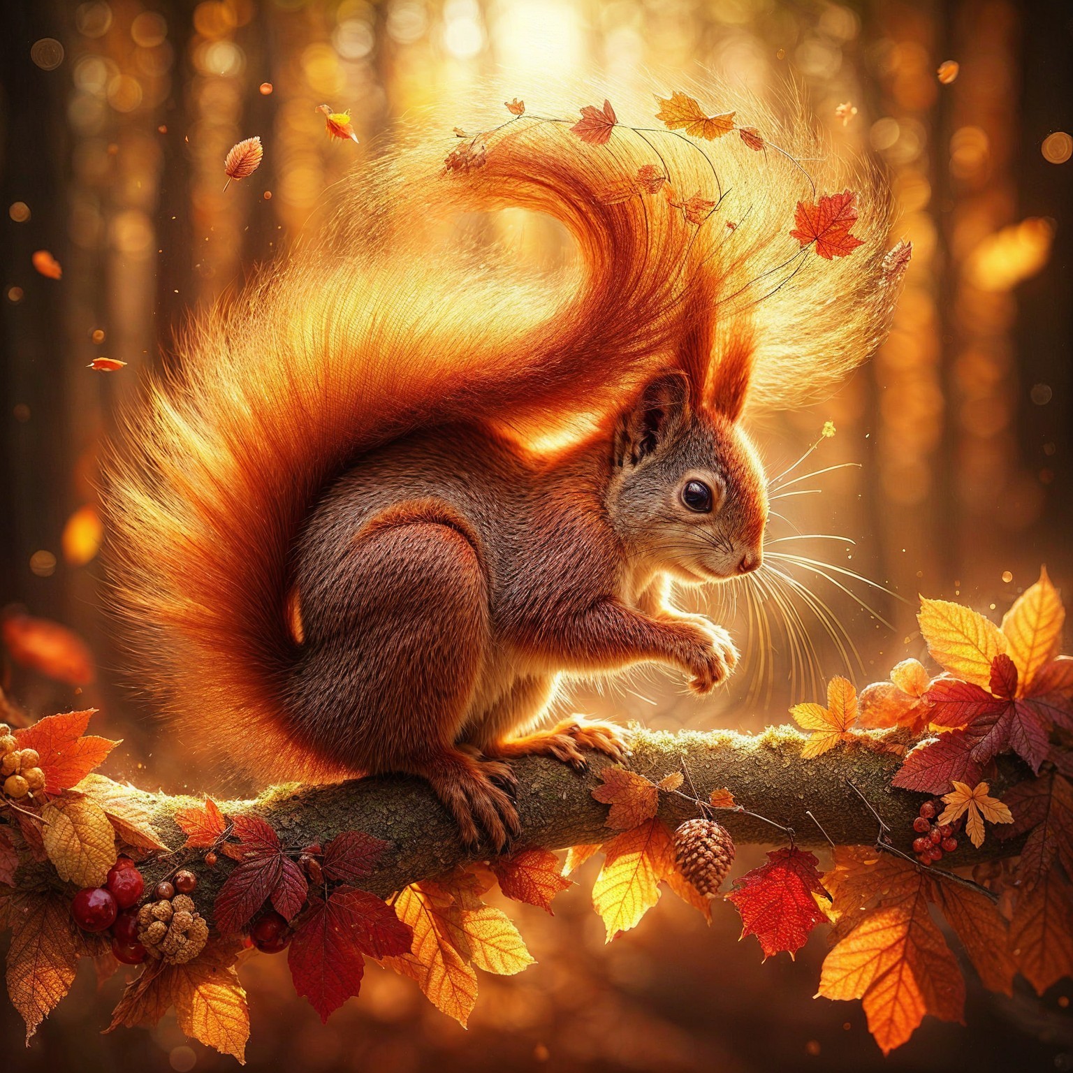 Red Squirrel Among Autumn Leaves in Sunlit Forest