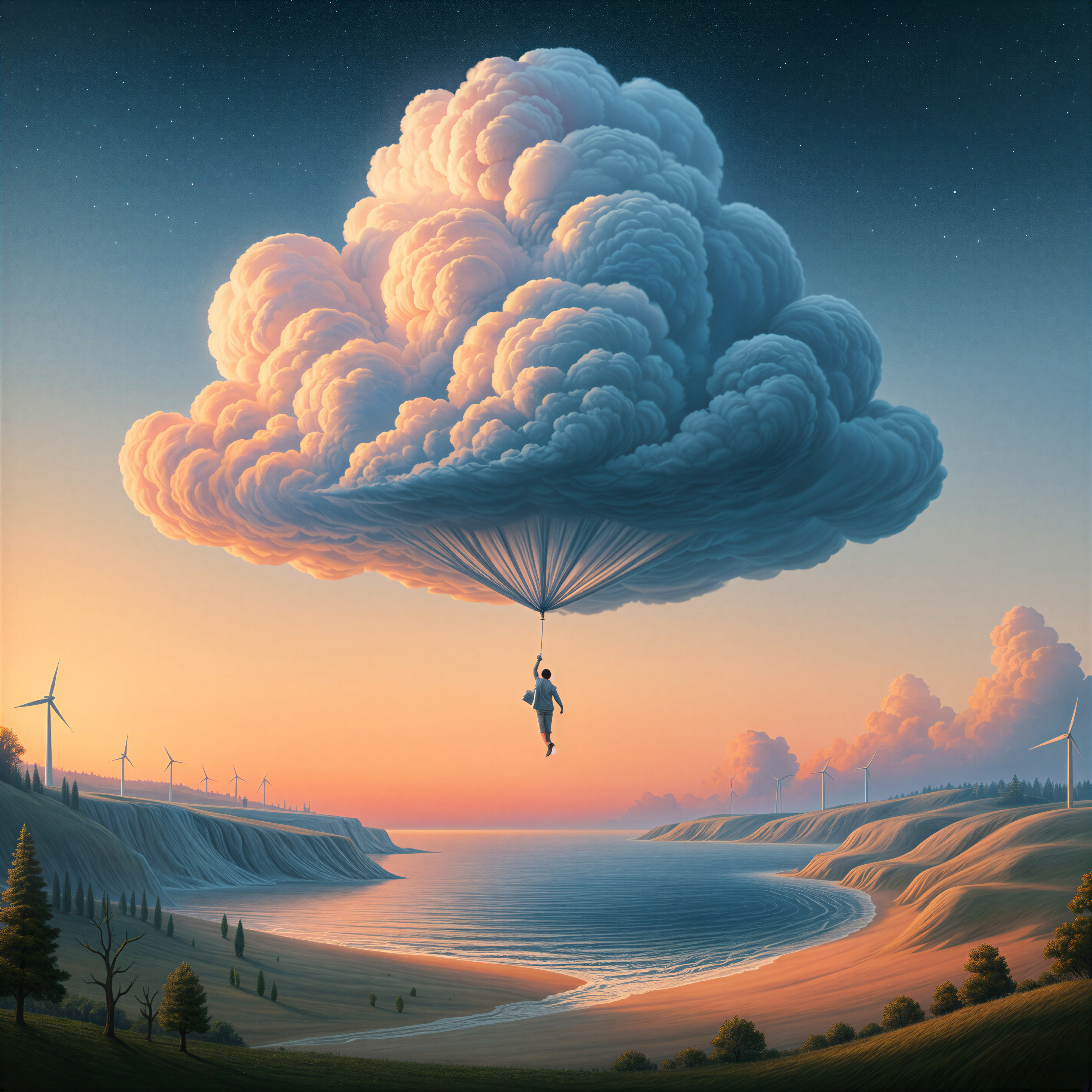 Surreal Landscape with Cloud Descent and Wind Turbines