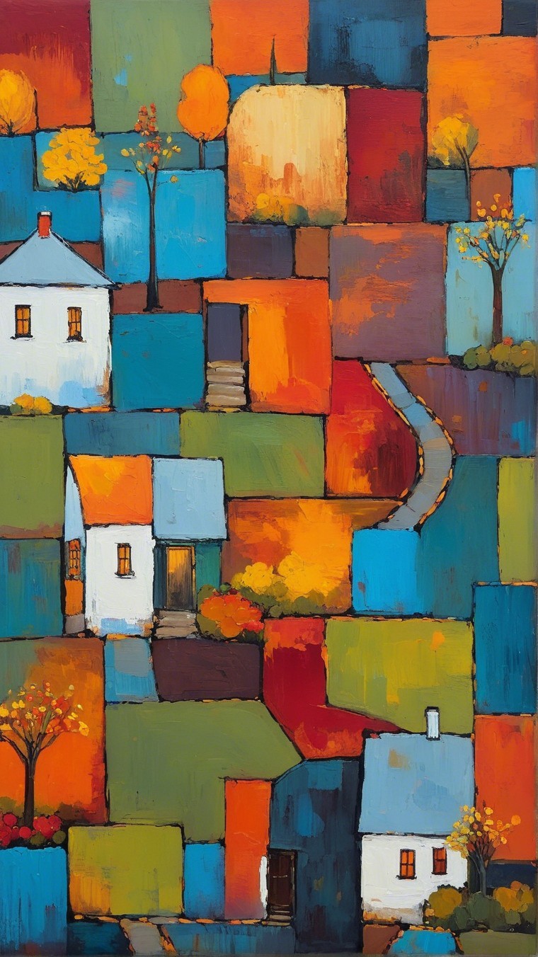 Vibrant Abstract Landscape with Colorful Squares and Houses