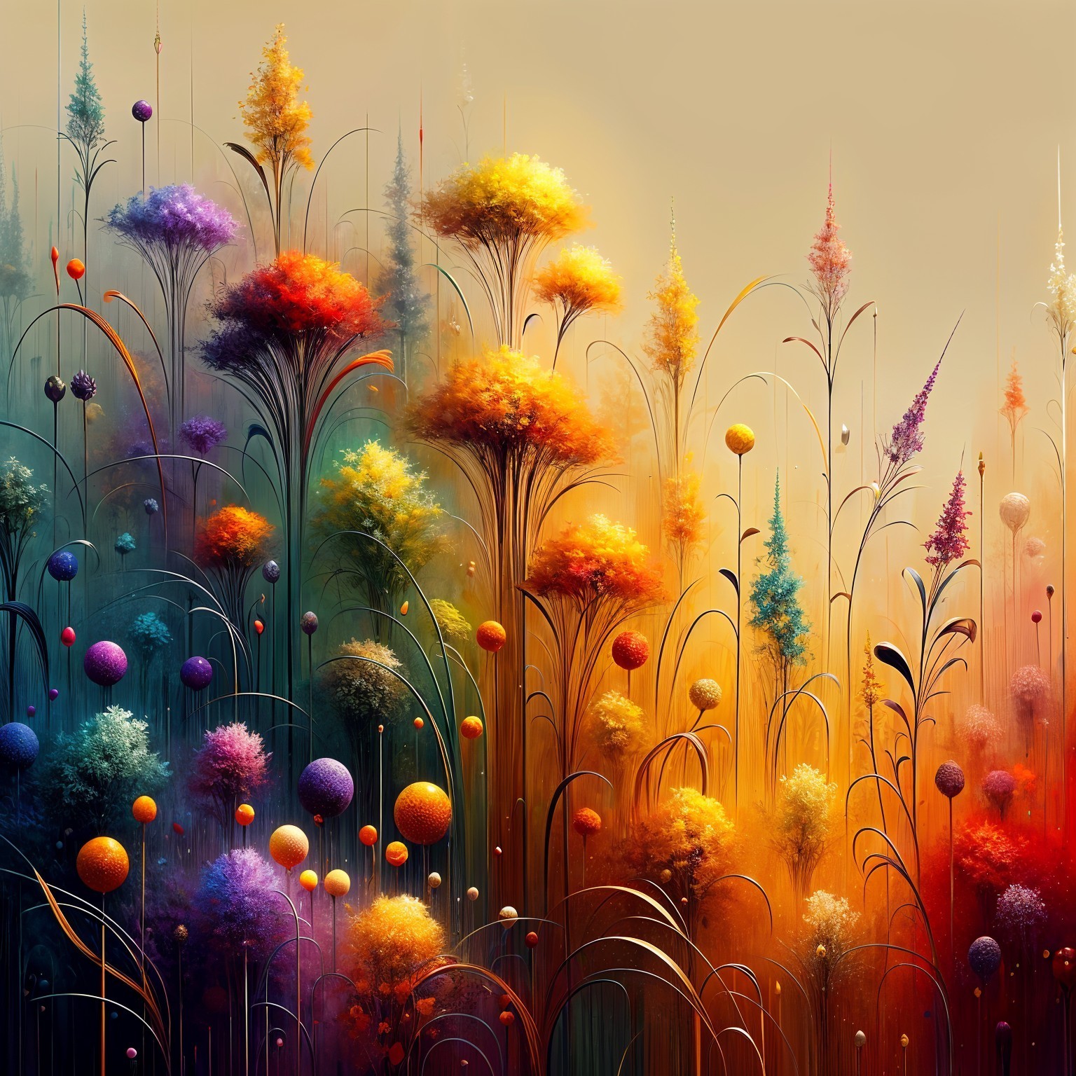 Vibrant Abstract Landscape with Whimsical Flowers