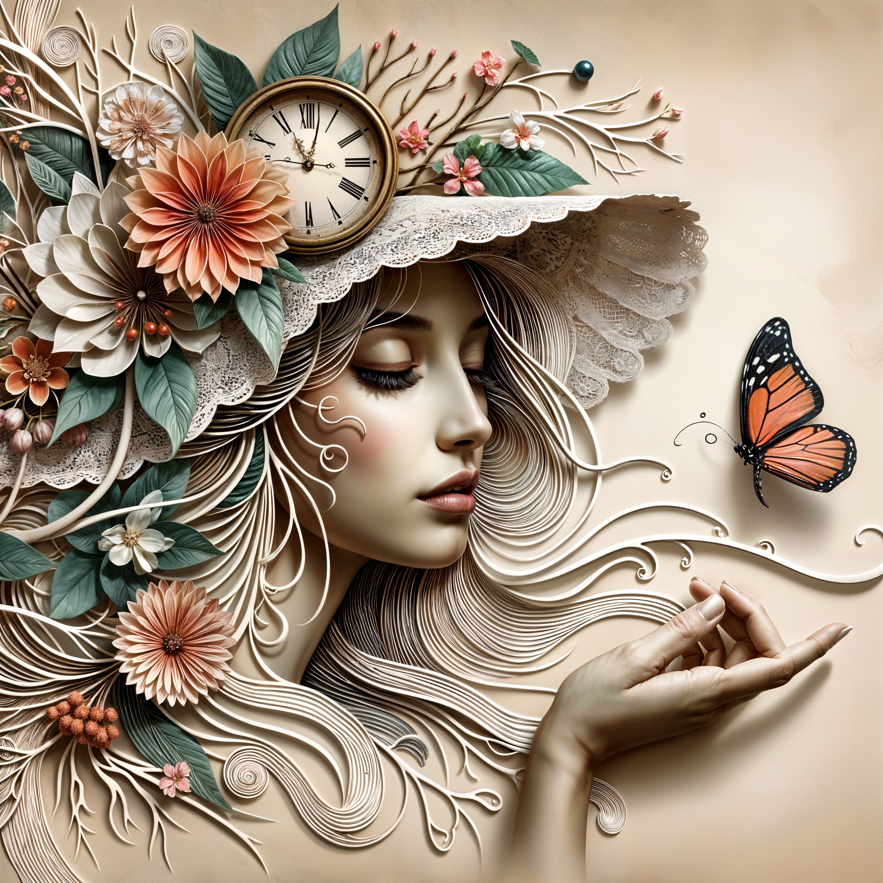 Serene Female Figure with Floral Hat and Butterfly