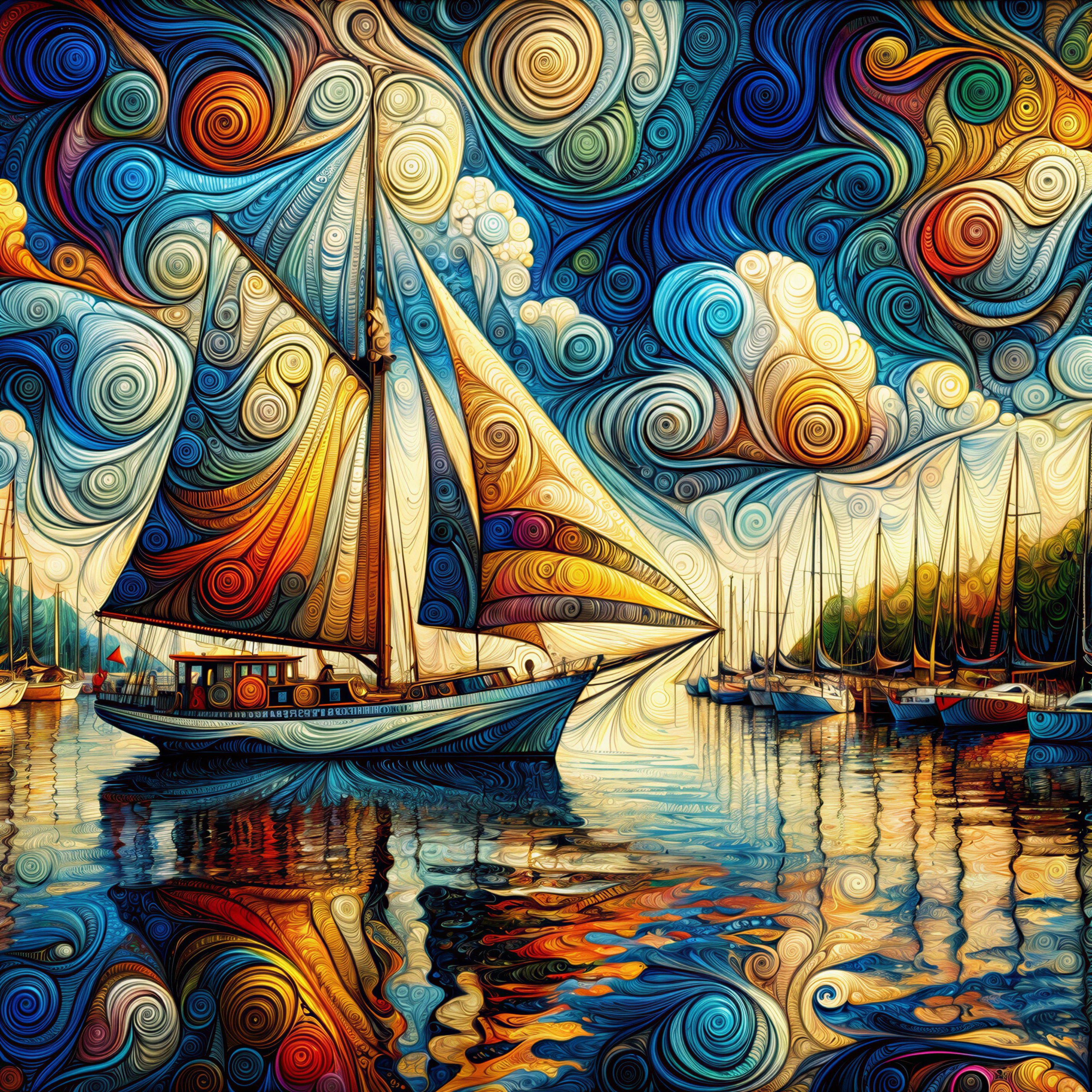 Vibrant Artwork of Sailing Boat on Calm Waters