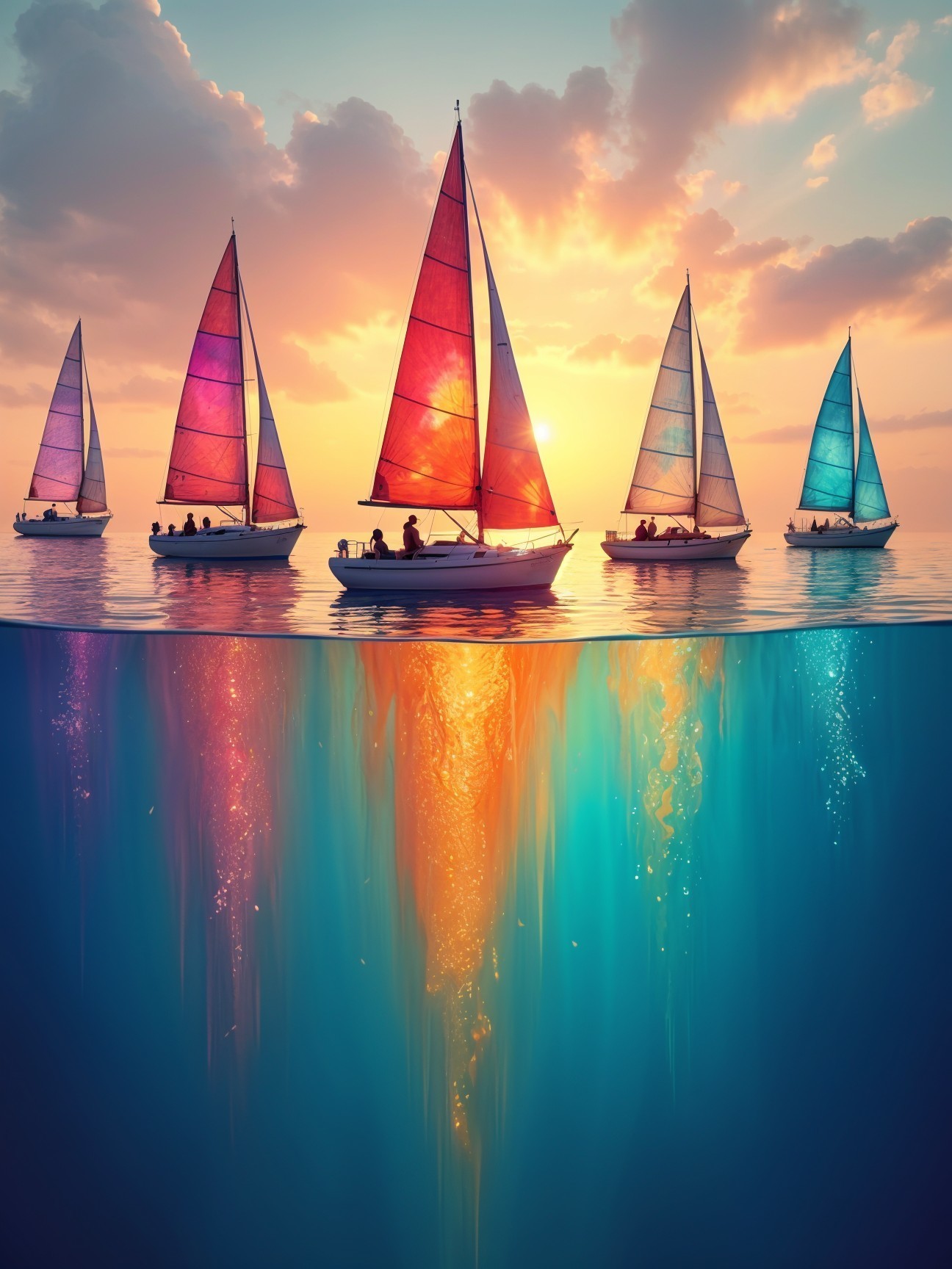 Sailboats on a Colorful Sunset Over a Calm Sea