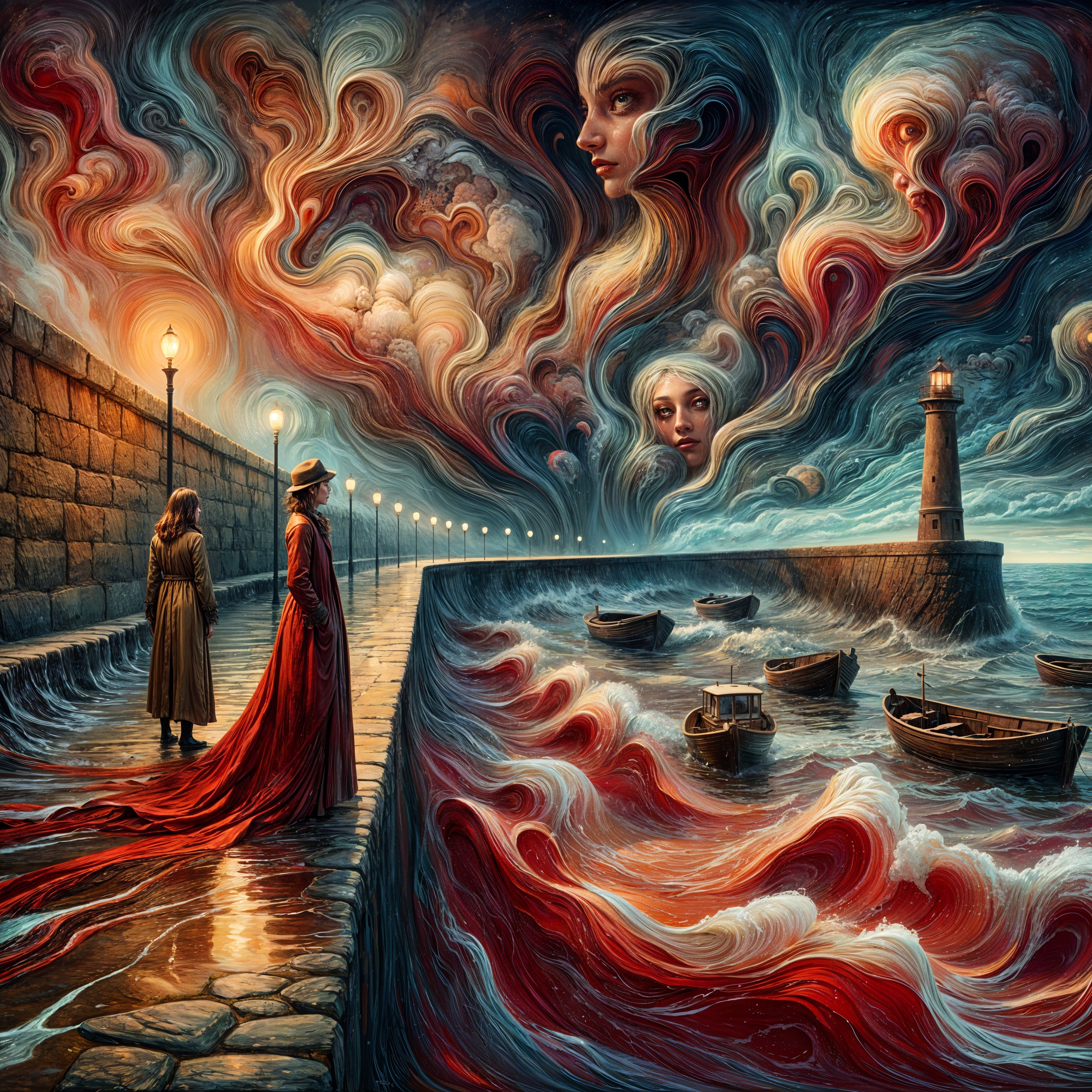 Surreal Shoreline Scene with Figures and Crimson Waves