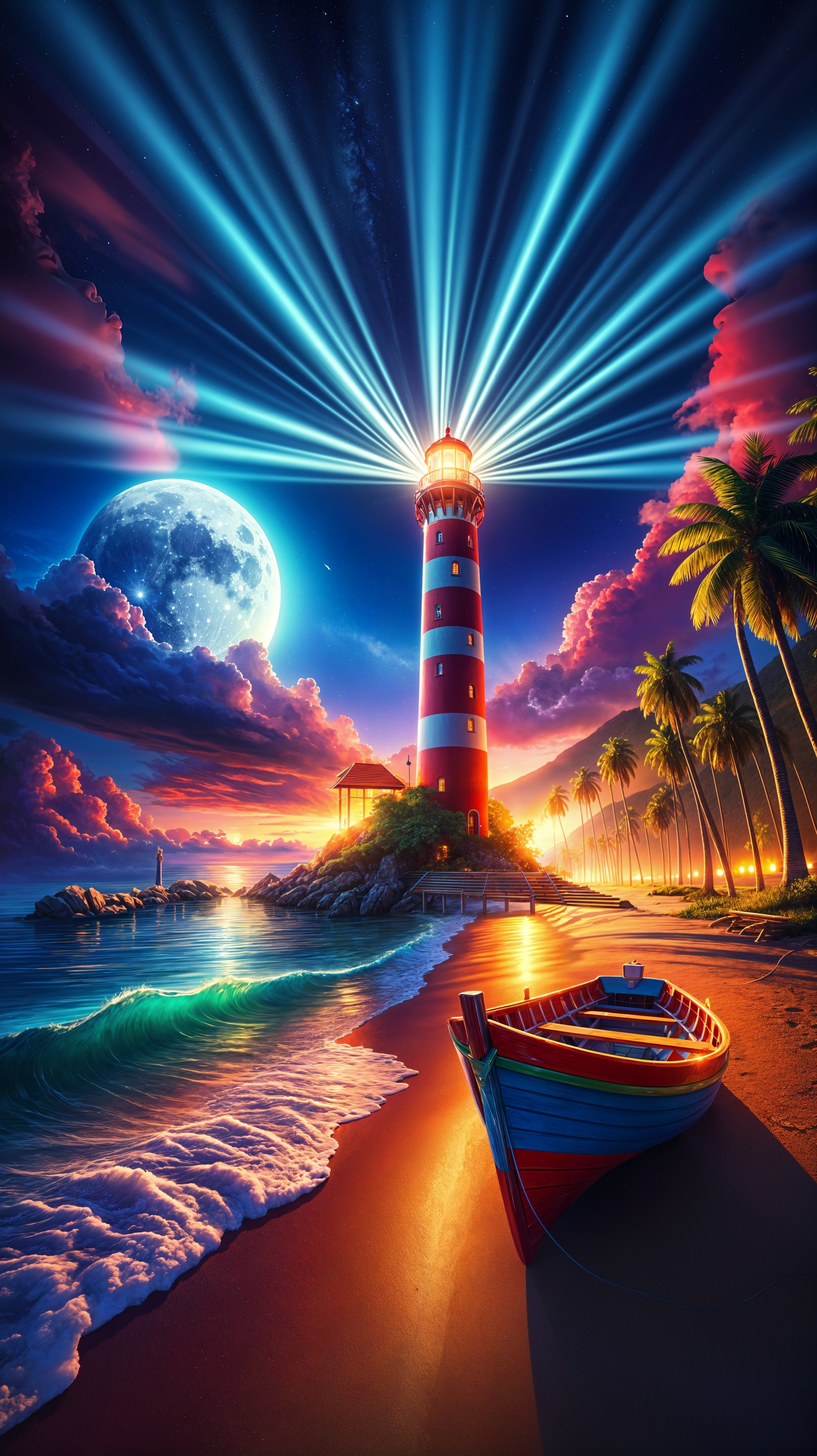 Vibrant Sunset Over Striped Lighthouse and Ocean Scene