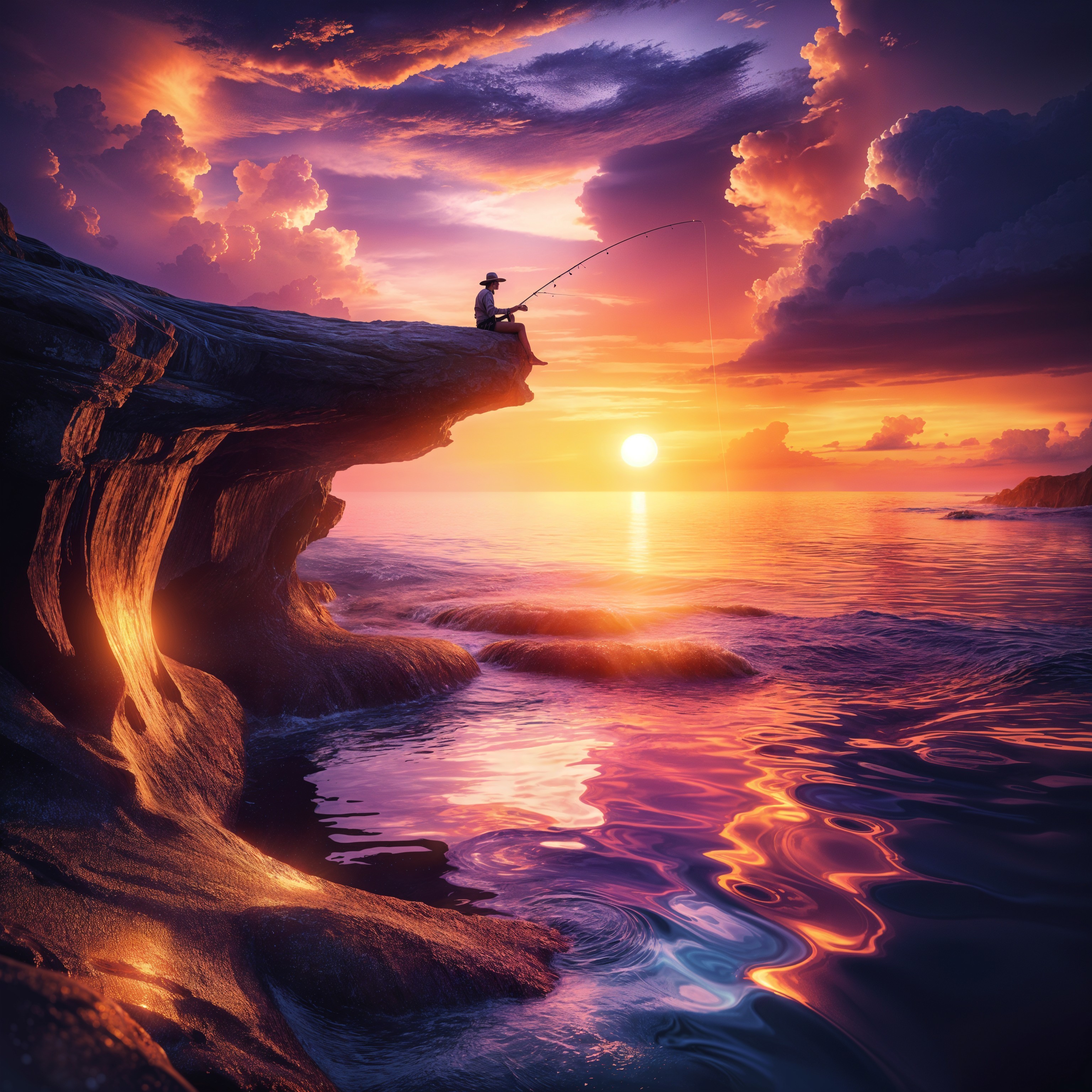 Solitary Fisherman at Sunset by the Ocean