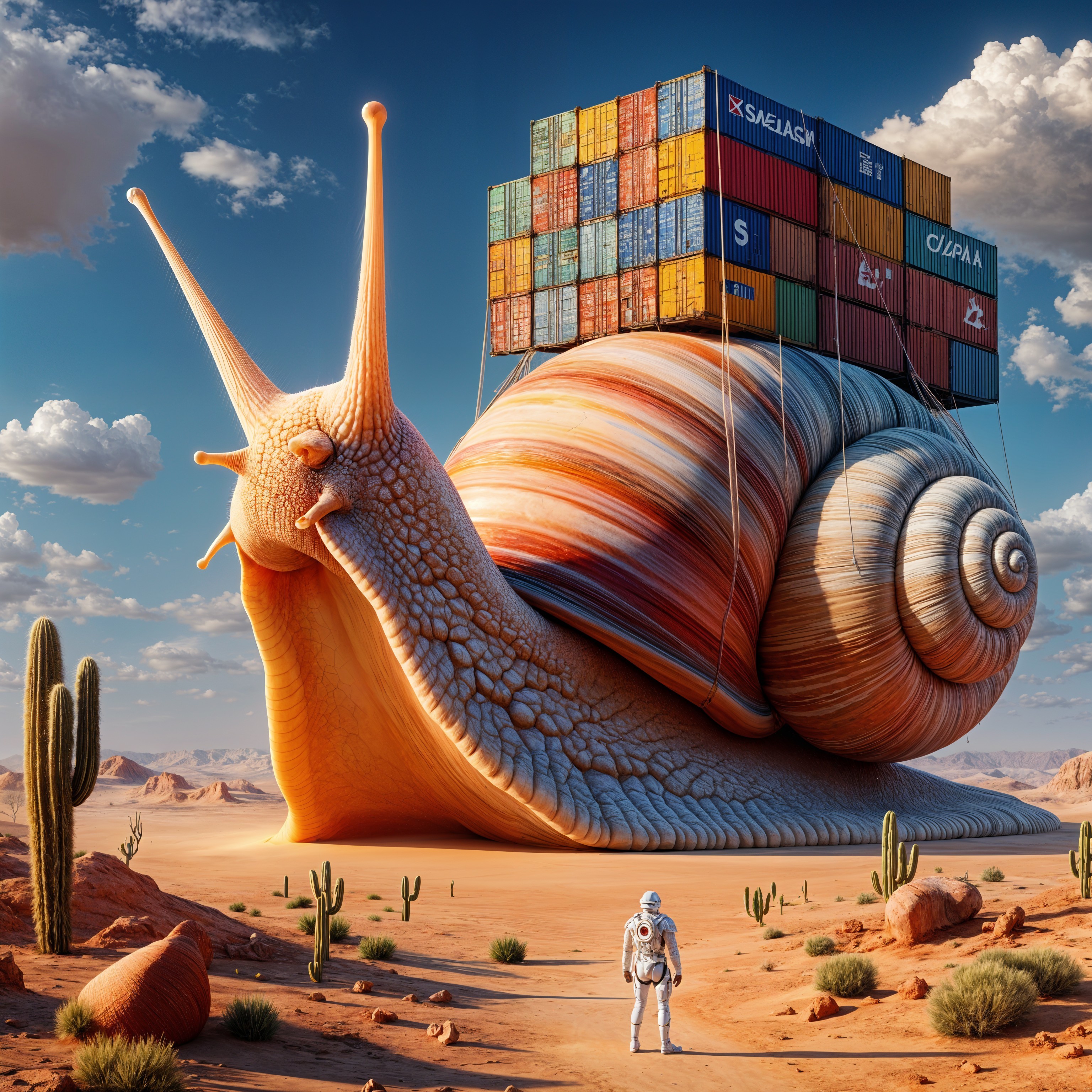 Giant Snail with Shipping Containers in Desert Landscape