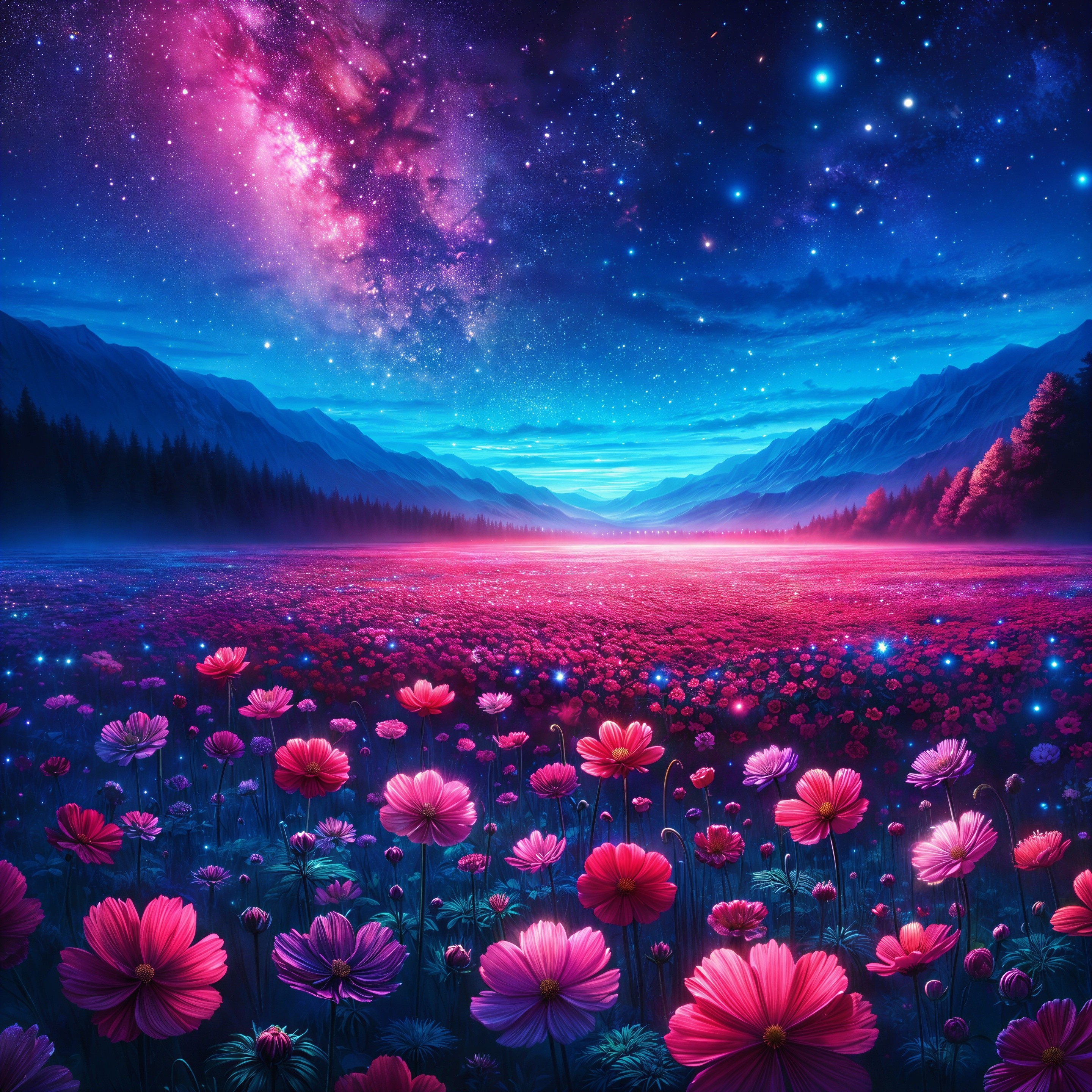 Vibrant Flower Field Under Starry Night Sky
