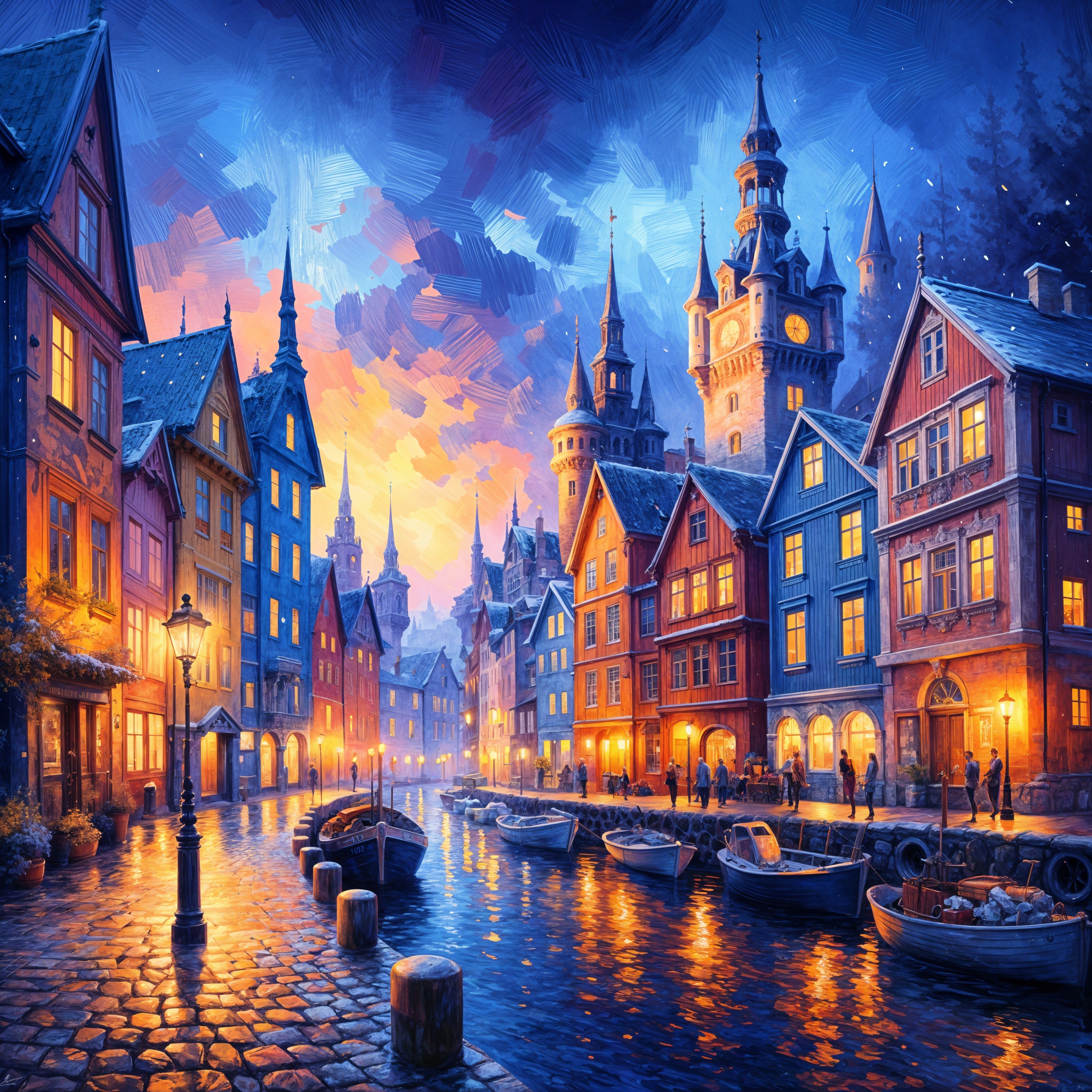 Charming Canal Evening Scene with Colorful Buildings