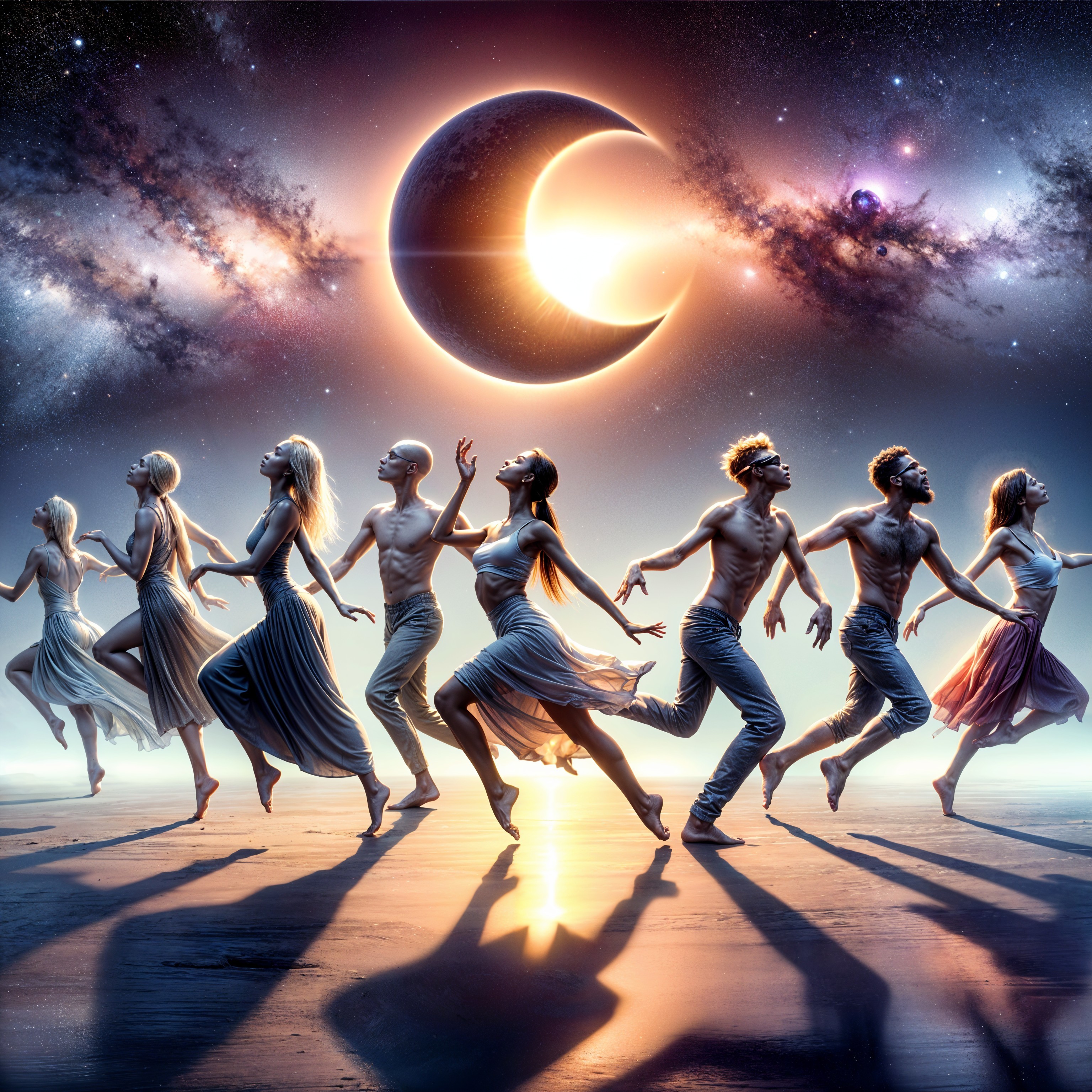Dancers in Ethereal Garments Against Cosmic Backdrop