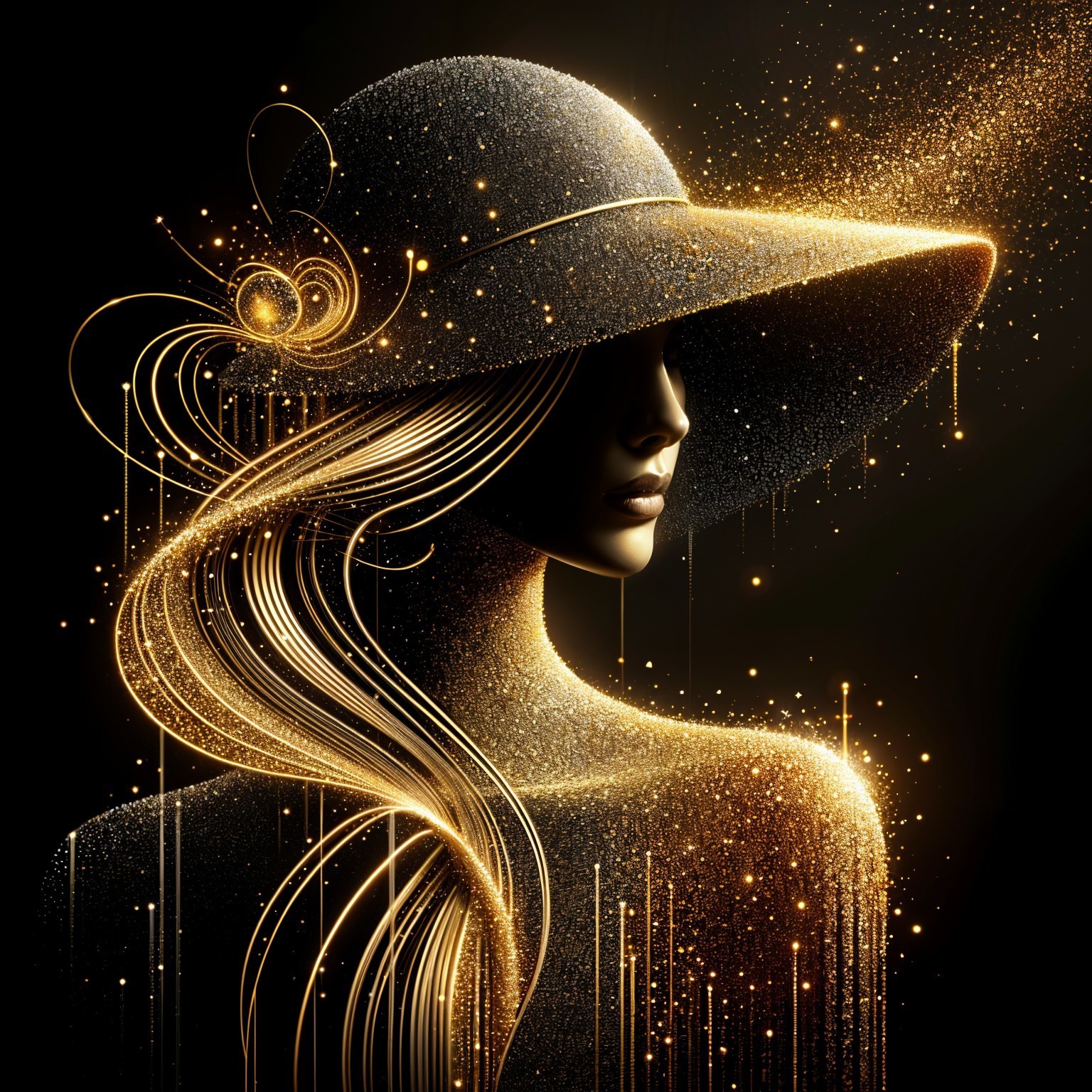 Silhouette of a woman in a shimmering hat design