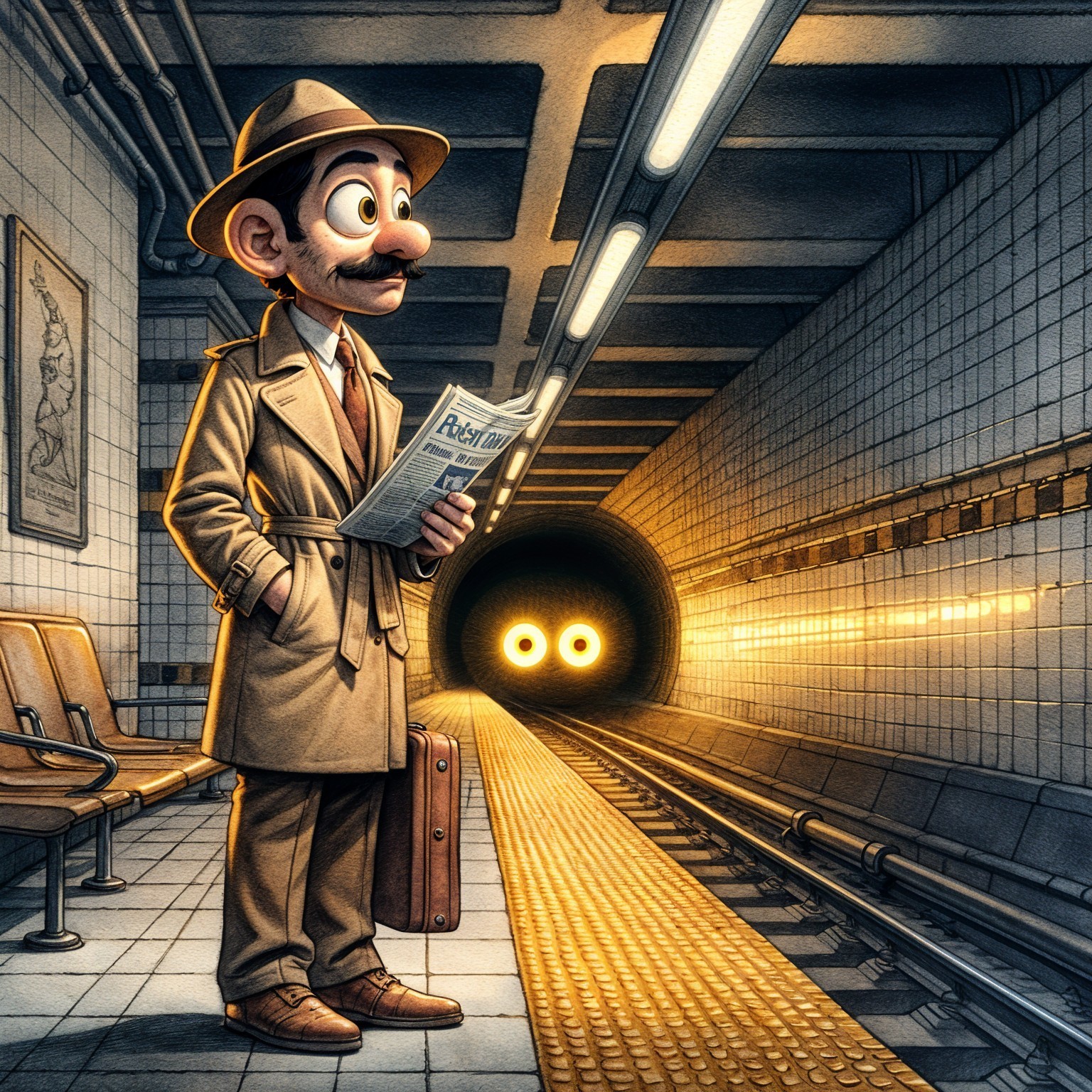 Whimsical Character in Subway Station with Glowing Eyes