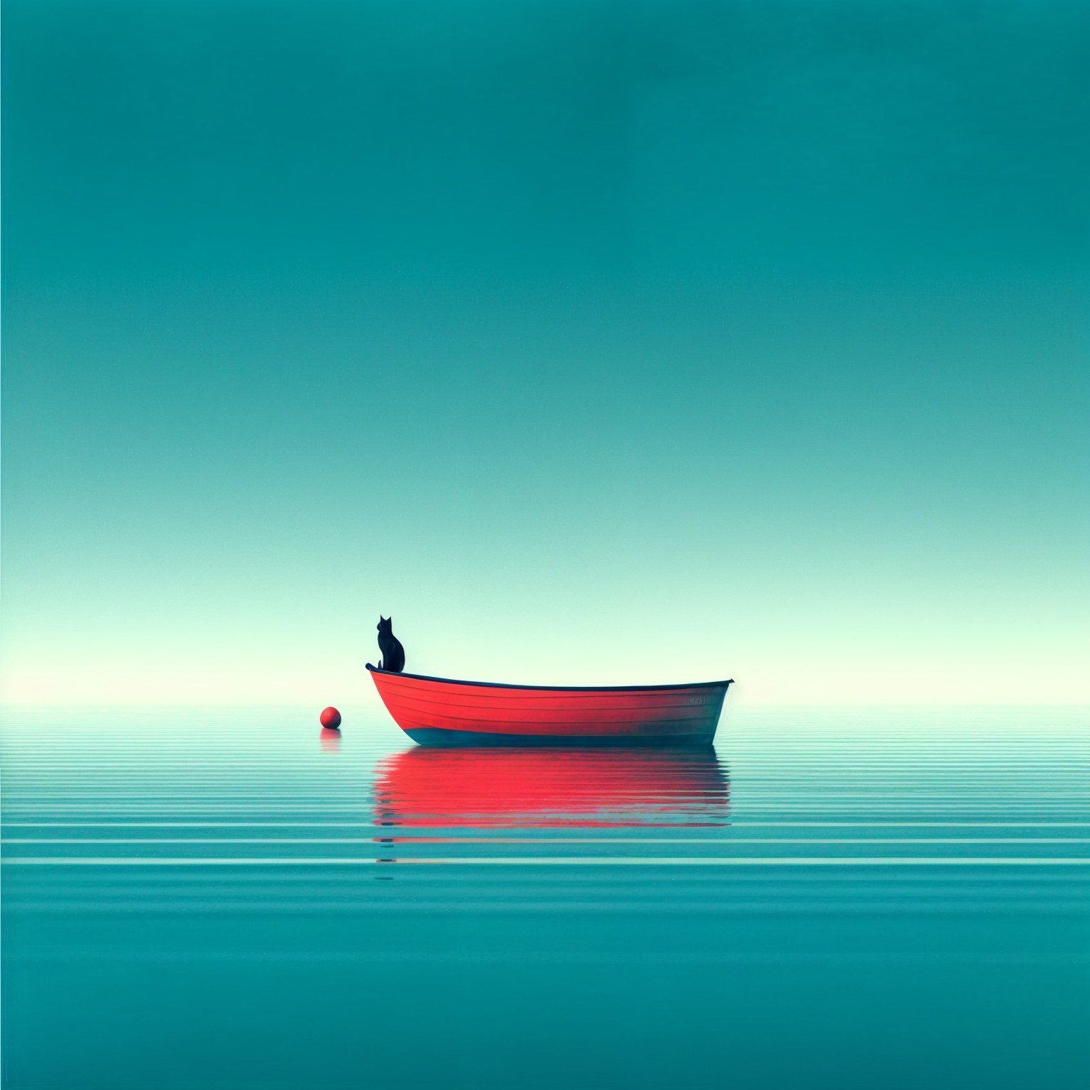 Lone Boat on Tranquil Waters with Black Cat and Buoy