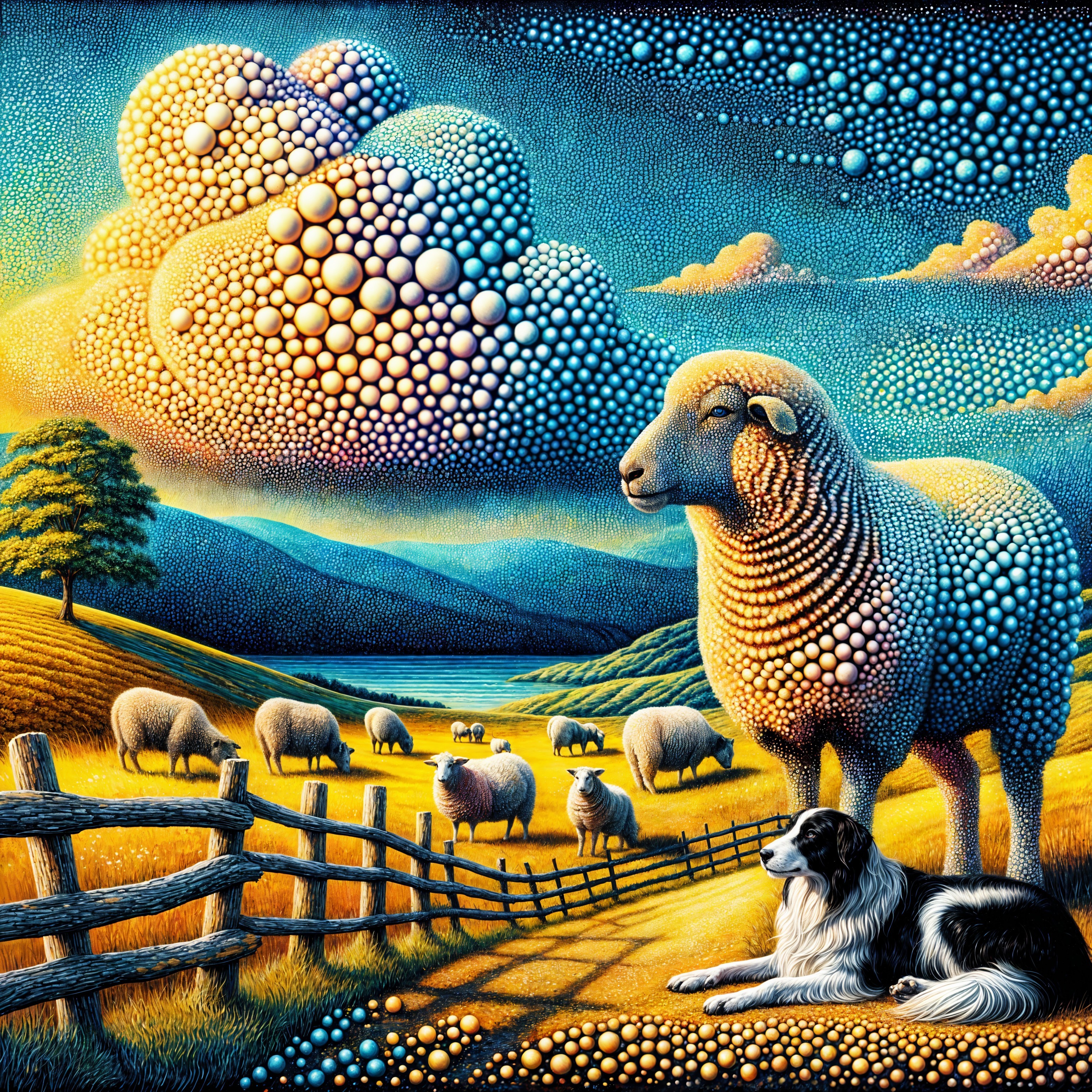 Whimsical Landscape with Sheep and Vibrant Sky