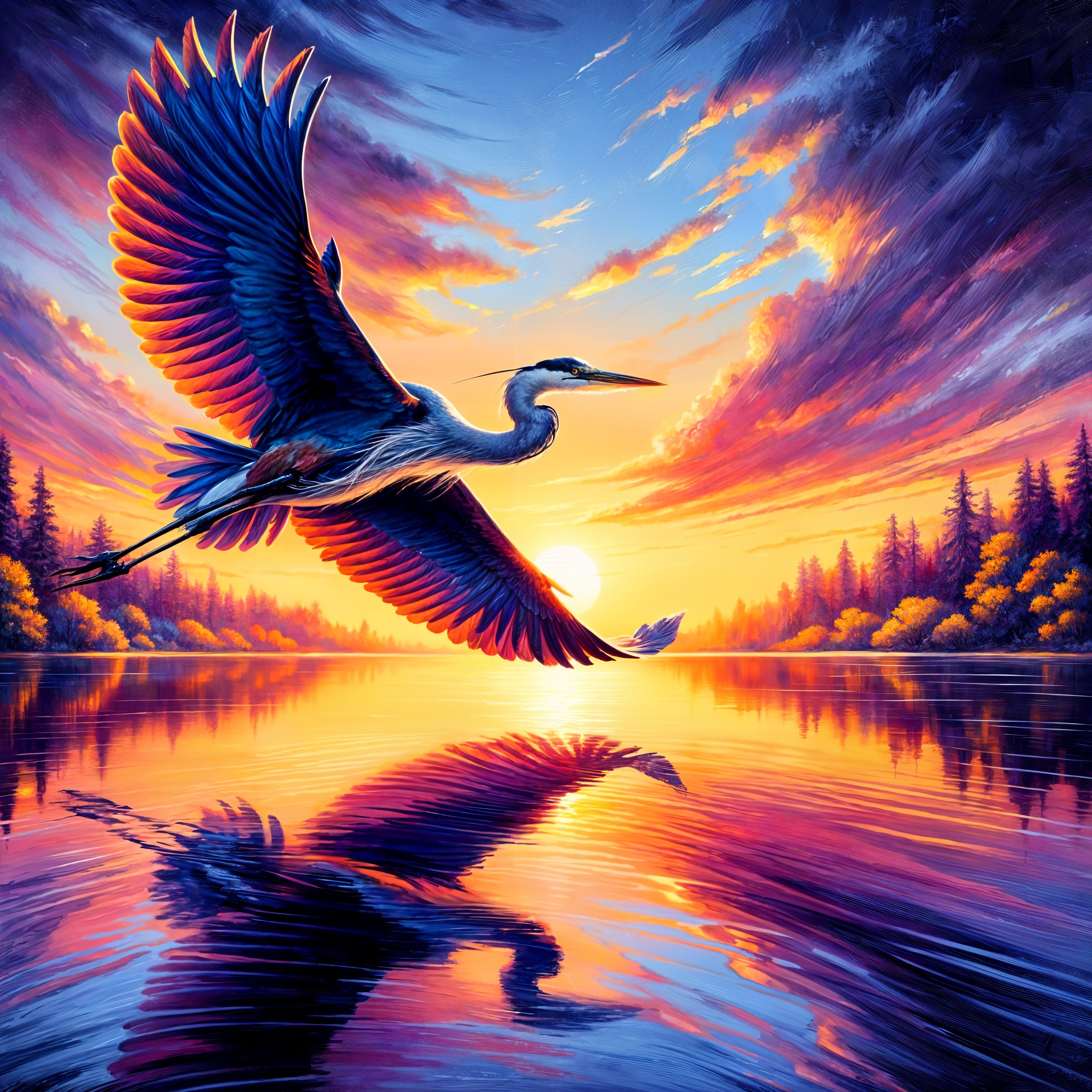 Heron Flying Over Sunset Lake with Vibrant Colors