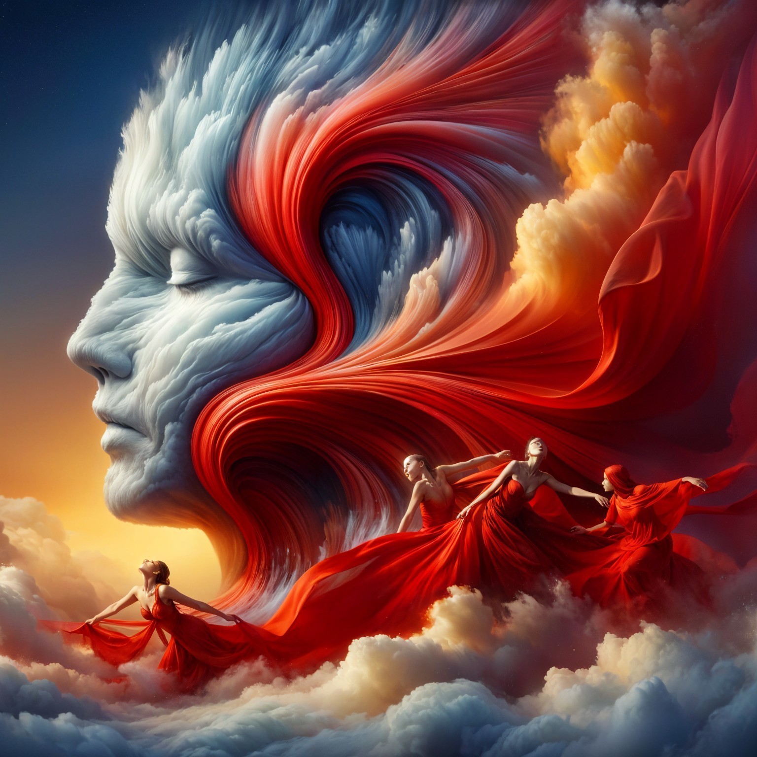 Giant Cloud Face with Dancing Figures in Dramatic Sky